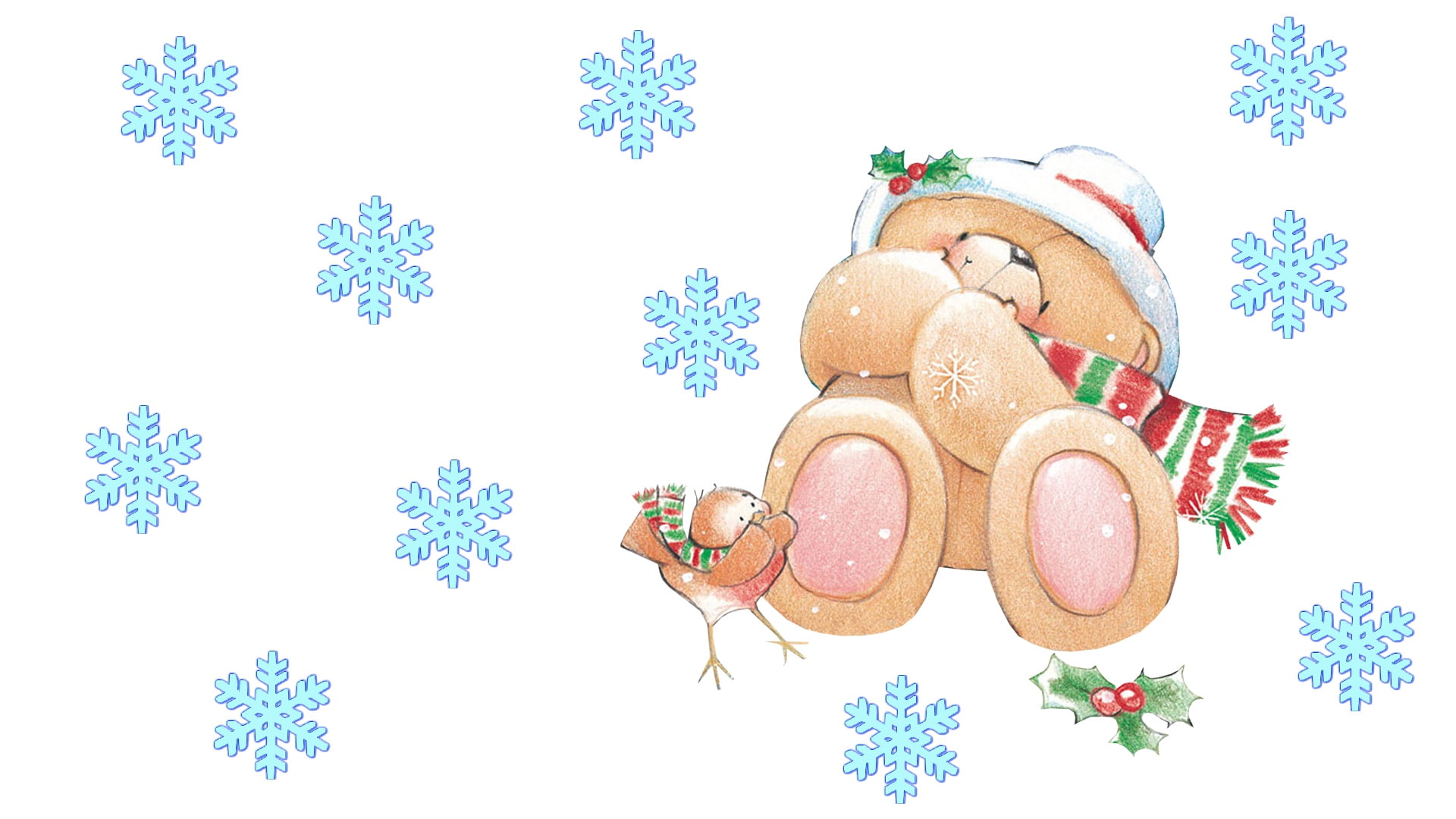 childrens, 1080P, bear, winter, mood, Forever Friends Deckchair bear, New year, art, bird, snowflake, HD Wallpaper