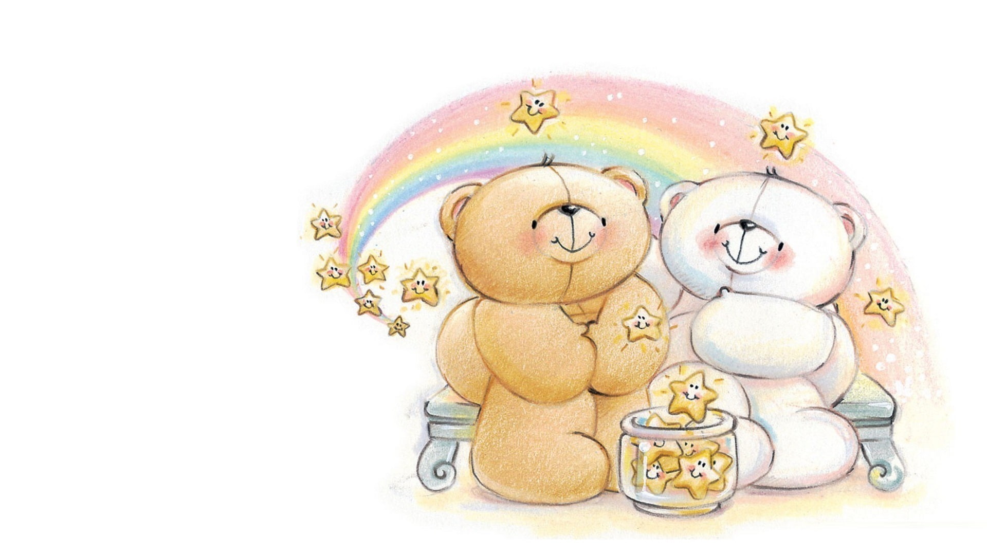 night, childrens, 1080P, pair, rainbow, art, date, bear, Forever Friends Deckchair bear, stars, HD Wallpaper