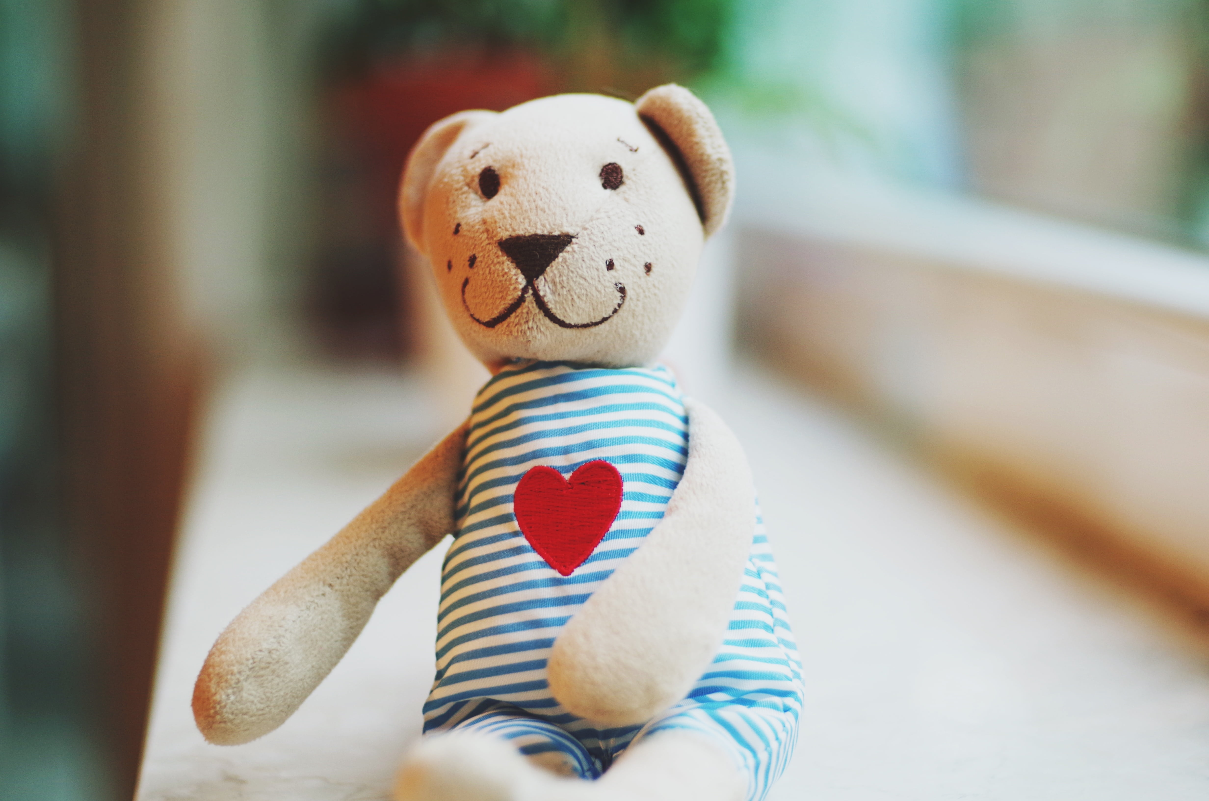 beige, day, close-up, teddy Bear, figure, children, smiling, art and craft, striped, plush, rompers, close, love, bear, focus on foreground, family, toy, HD Wallpaper