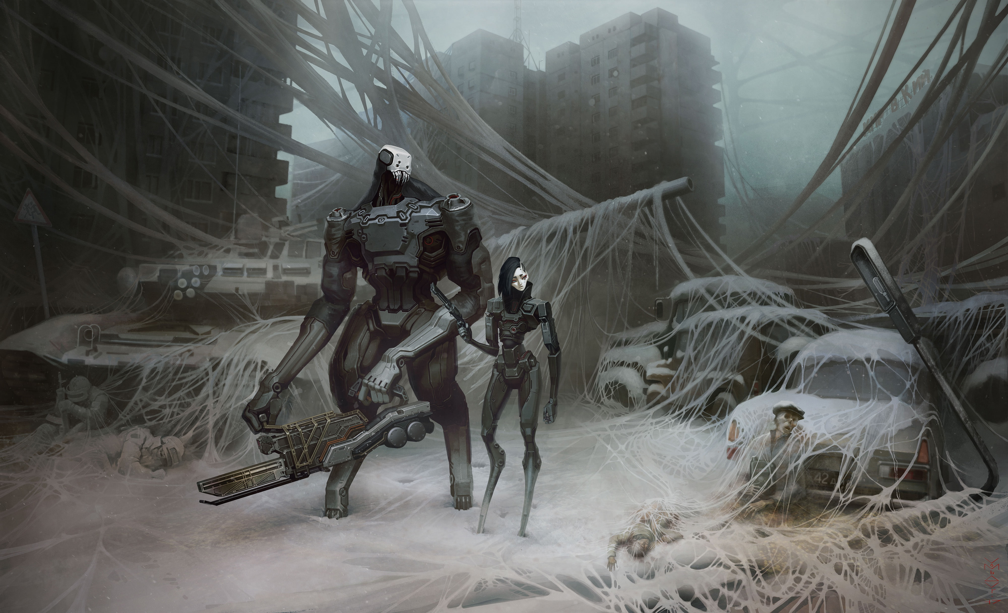 cyborg, DeviantArt, futuristic, mist, gun, building, abandoned, dead, robot, Ivan Yakushev, digital art, city, science fiction, 4K, apocalyptic, street light, HD Wallpaper