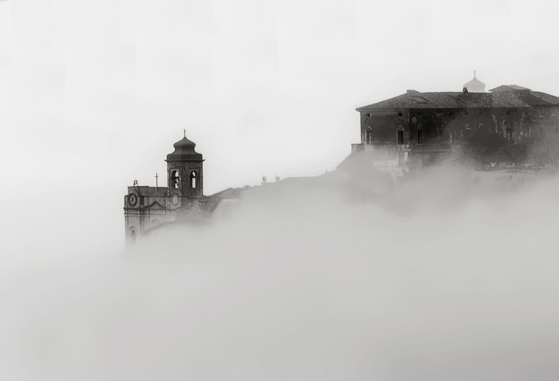 italy, water, tranquil scene, history, fog, travel destinations, house, sky, landscape, lazio, copy space, mist, culture, ruins, building exterior, day, HD Wallpaper