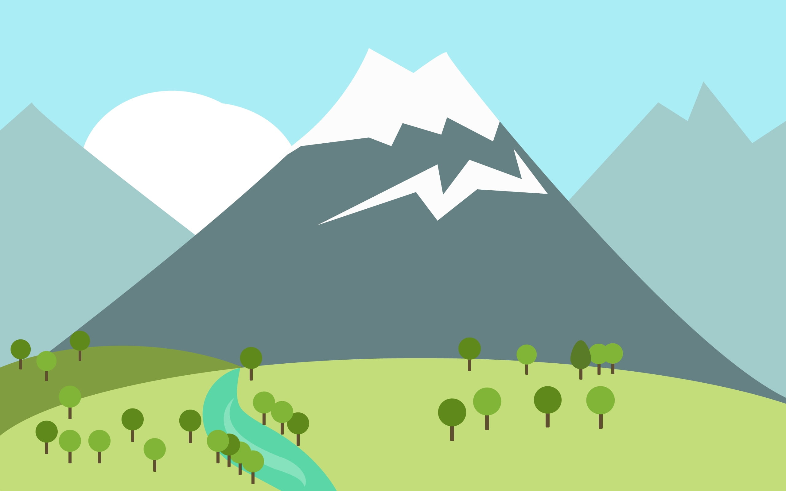 outdoors, mountain, summer, computer Graphic, river, hill, nature, trees, silhouette, blue, grass, no people, plant, green Color, design, low angle view, HD Wallpaper