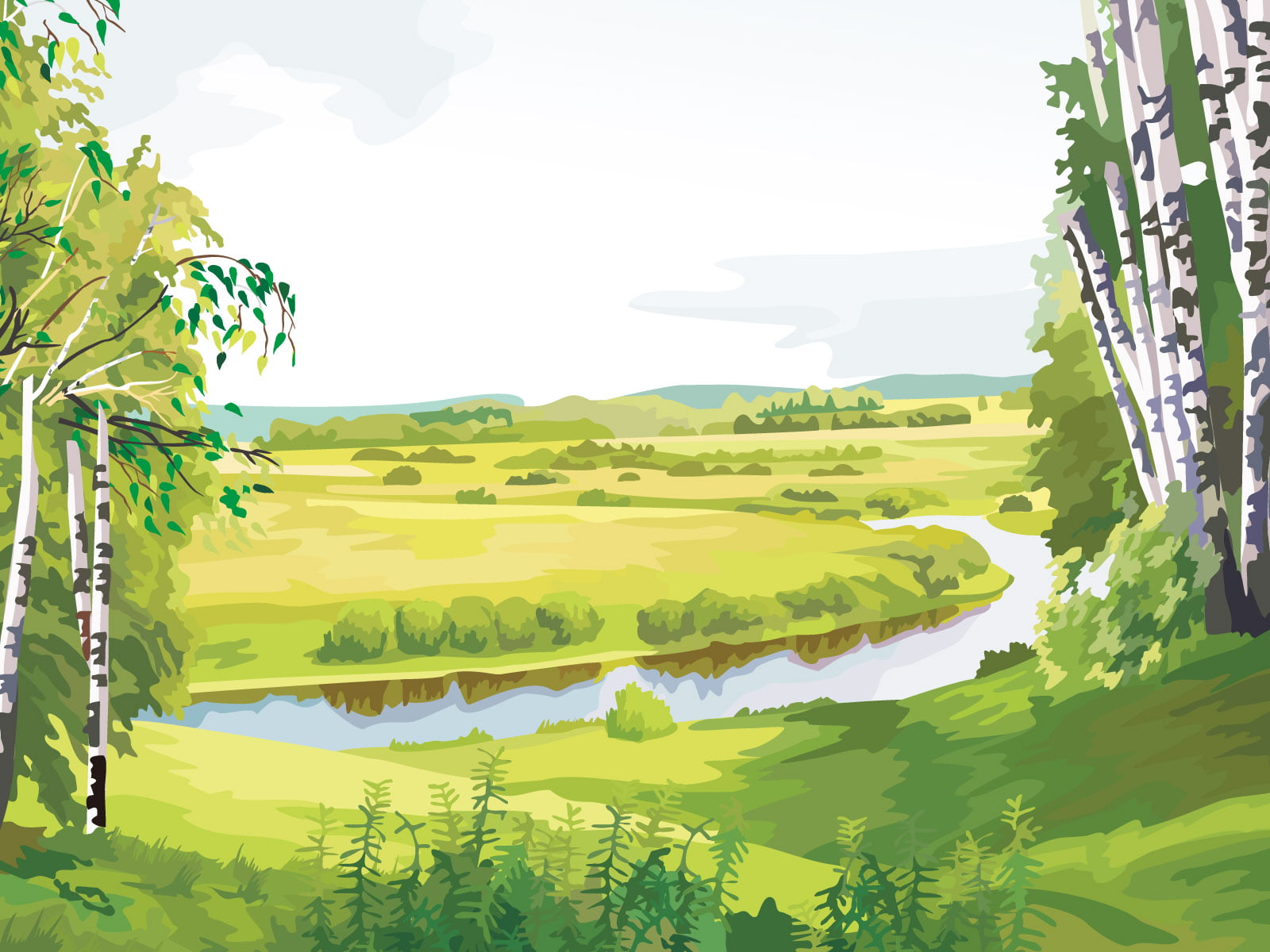 beauty In Nature, artwork, grove, scenics, lake, lush Foliage, meadow, sun, panoramic, land, birch, outdoors, pond, plant, springtime, forest, green Color, HD Wallpaper