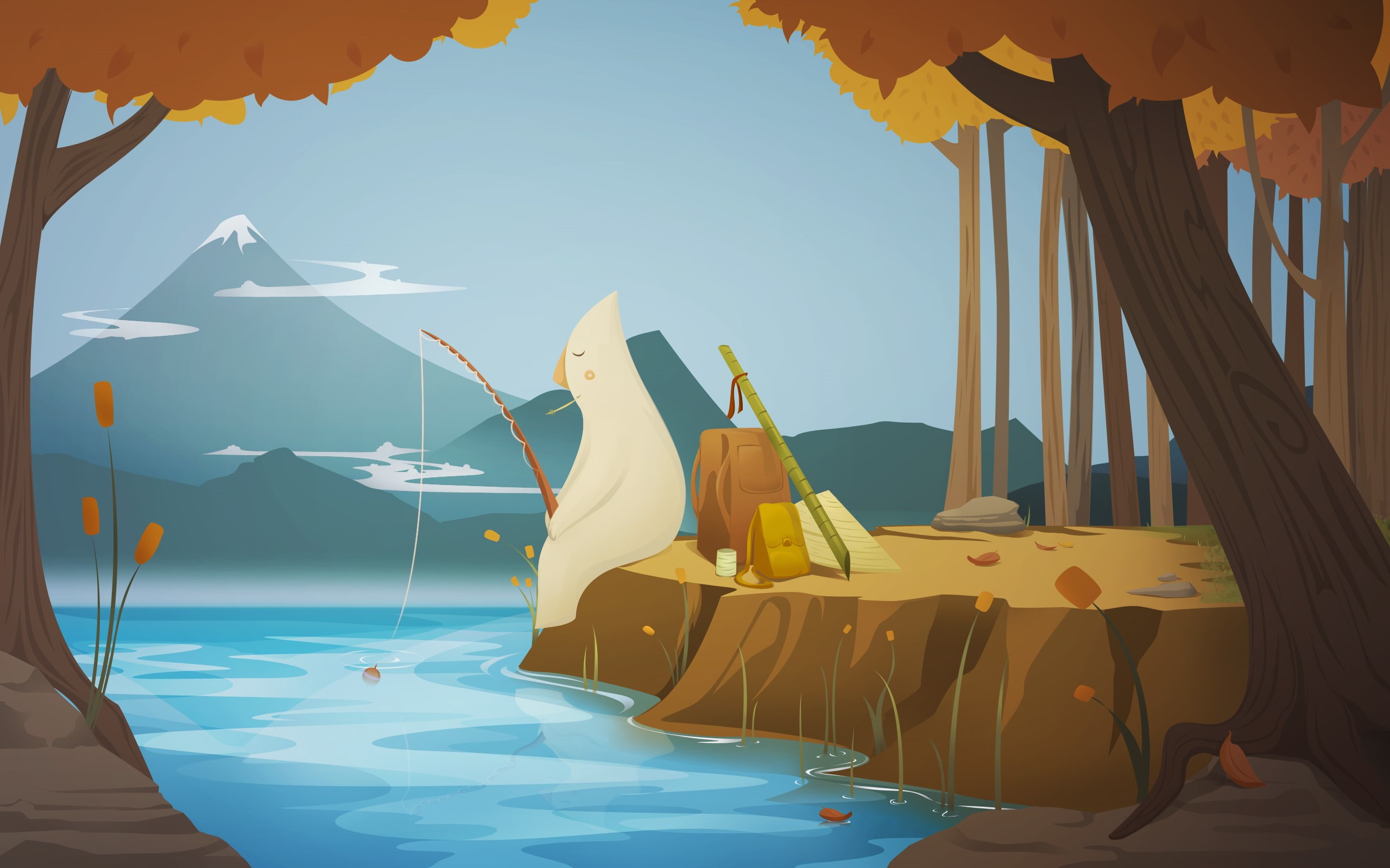 chair, no people, sunlight, fishing forest lake artwork drawing vectors minimalism, plant, parasol, nature, yellow, sky, swimming pool, animal representation, HD Wallpaper