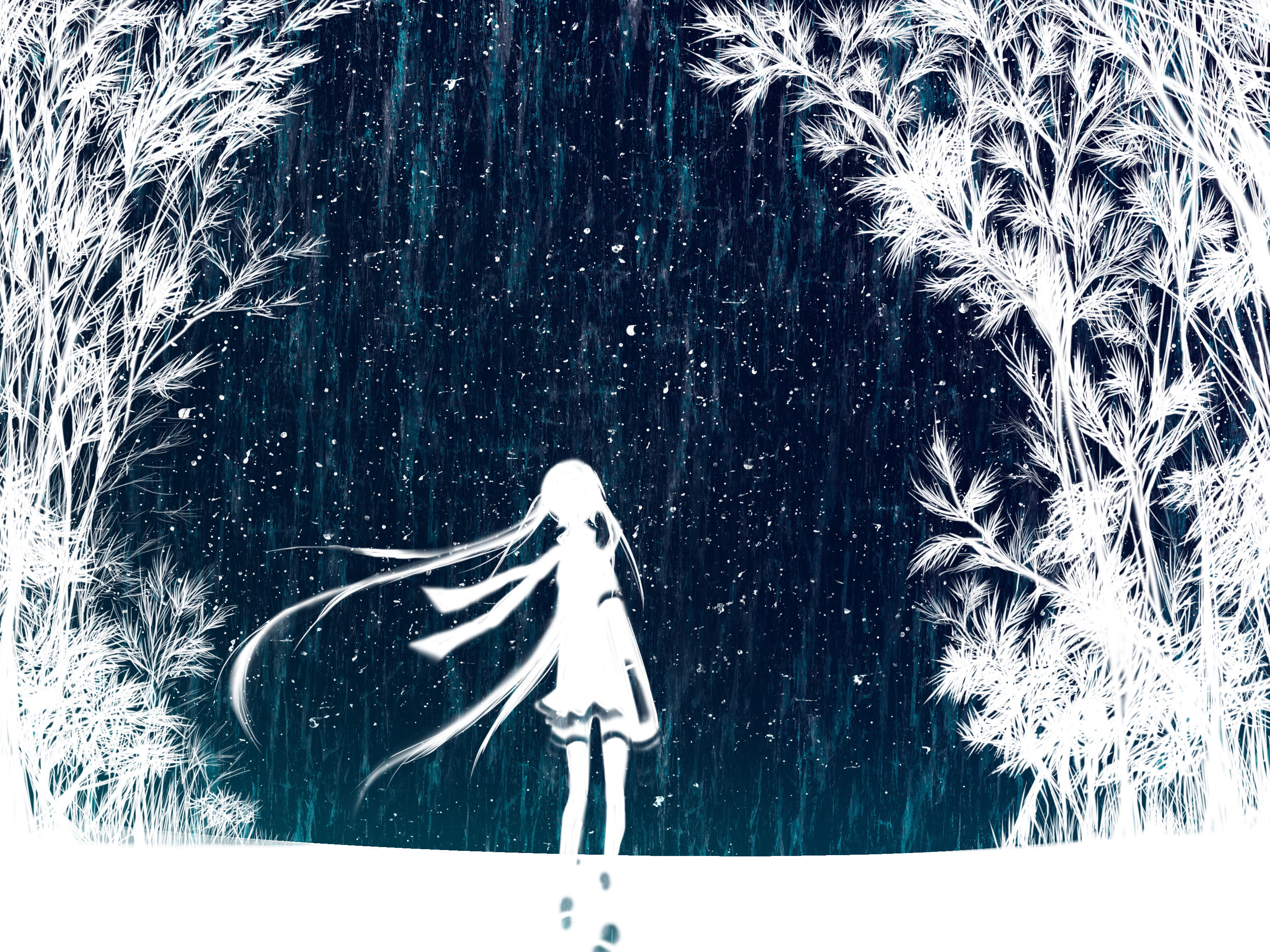 snow, girl, people, snowflake, snowing, frozen, frost, white, woodland, landscape, winter, cold - Temperature, Hatsune Miku, stars, anime, trees, holiday, HD Wallpaper