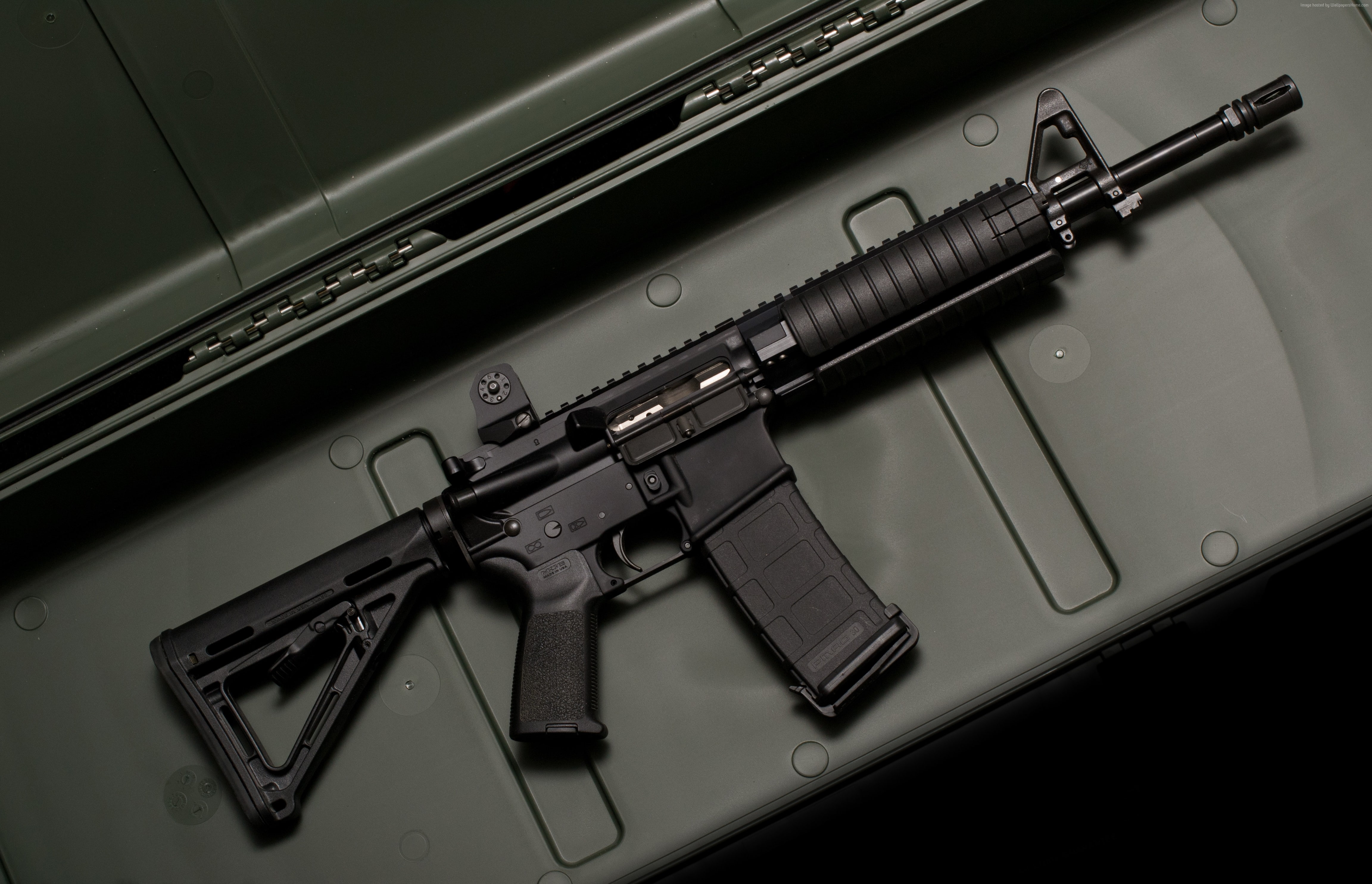 gun, sign, weapon, case, 4K, LWRC, high angle view, metal, connection, technology, aggression, carbine, no people, M6, warning sign, still life, black background, HD Wallpaper