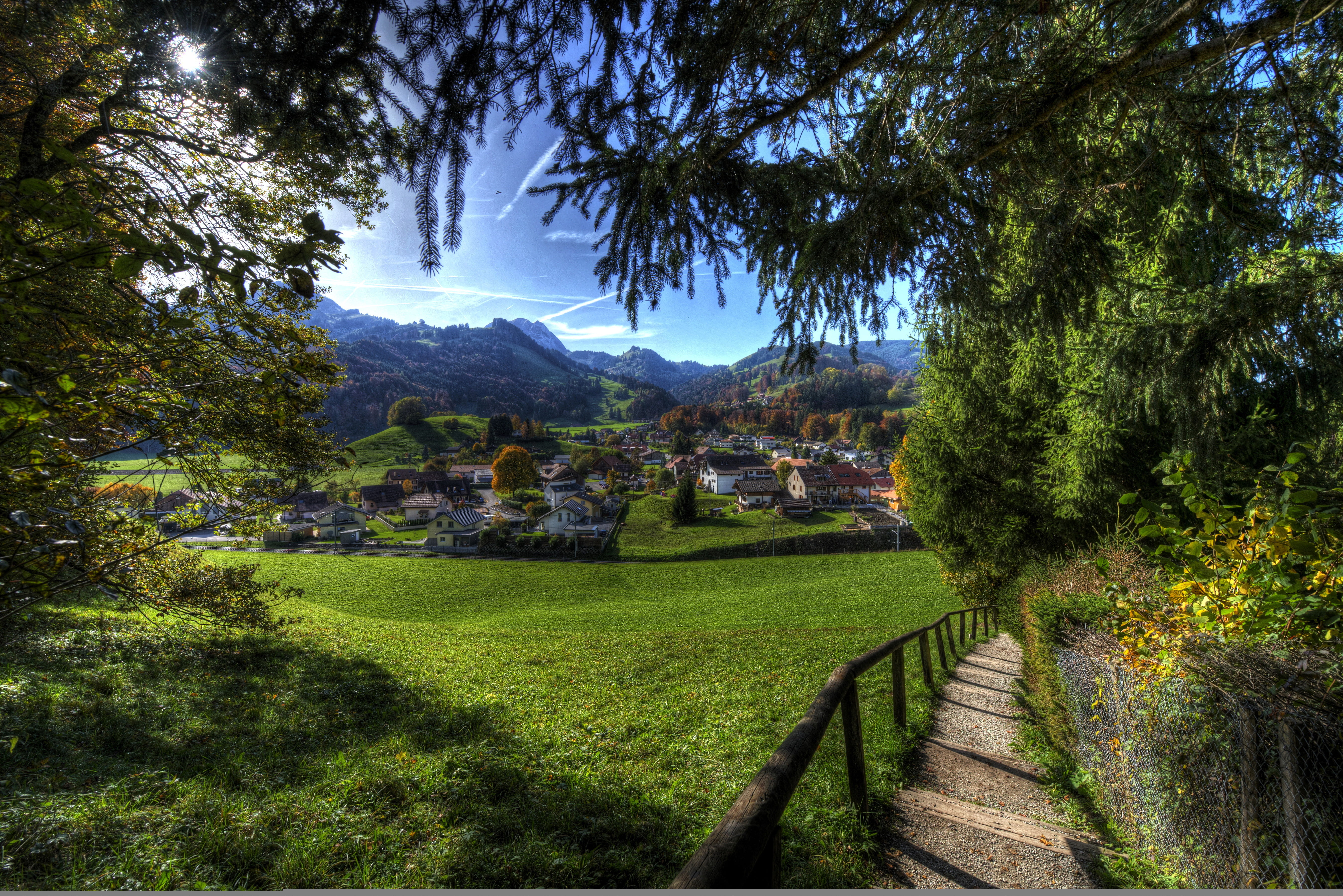mountain, no people, landscape, tranquility, growth, green color, architecture, trees, sunlight, nature, summer, environment, village, outdoors, tree, the bushes, HD Wallpaper