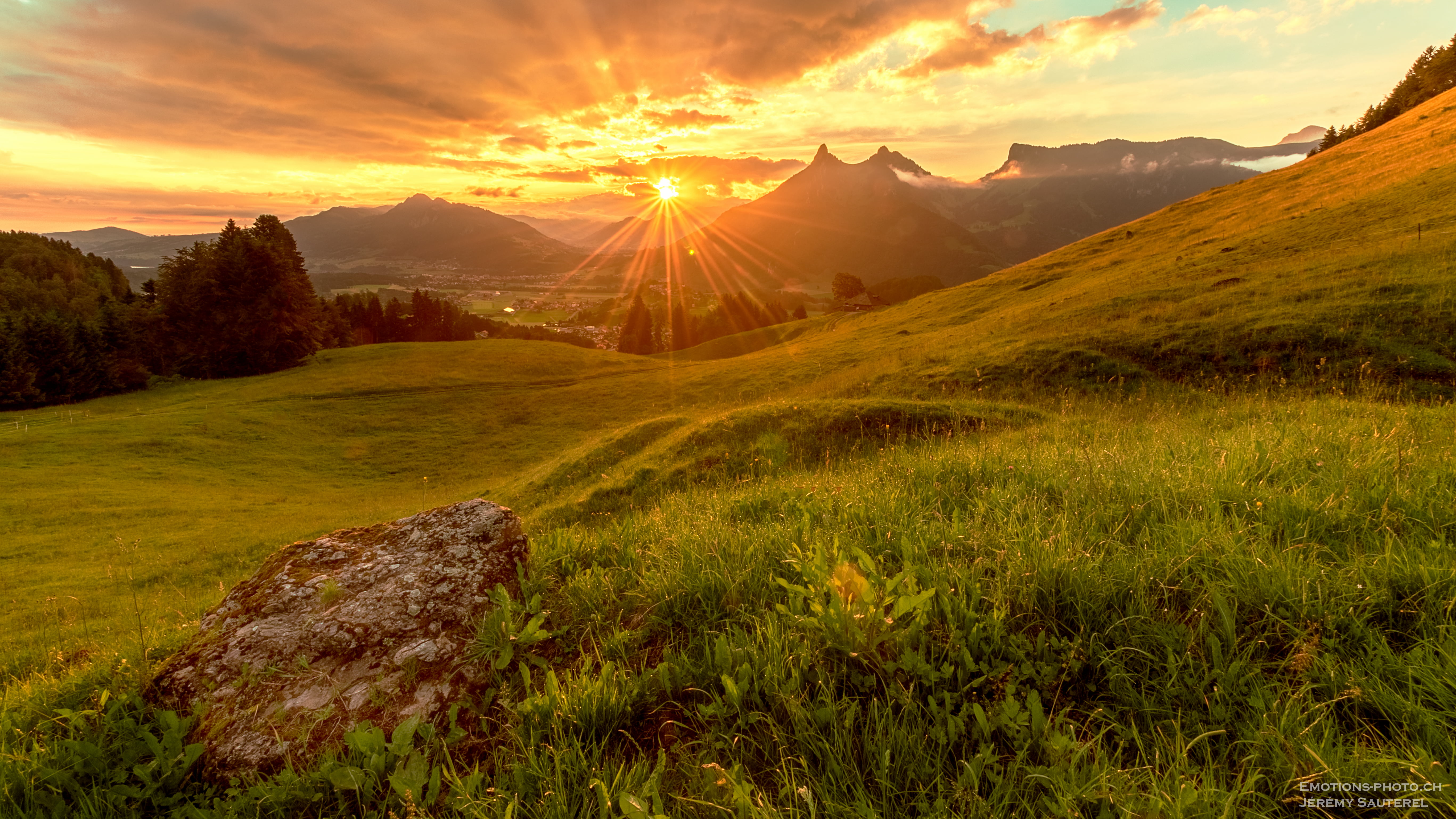 sky, forest, mountains, blue  sun, sunset, green  mountain, grass, nature, beautiful, meadow, morning, trees, summer, near, sunlight, clouds, outdoors, HD Wallpaper