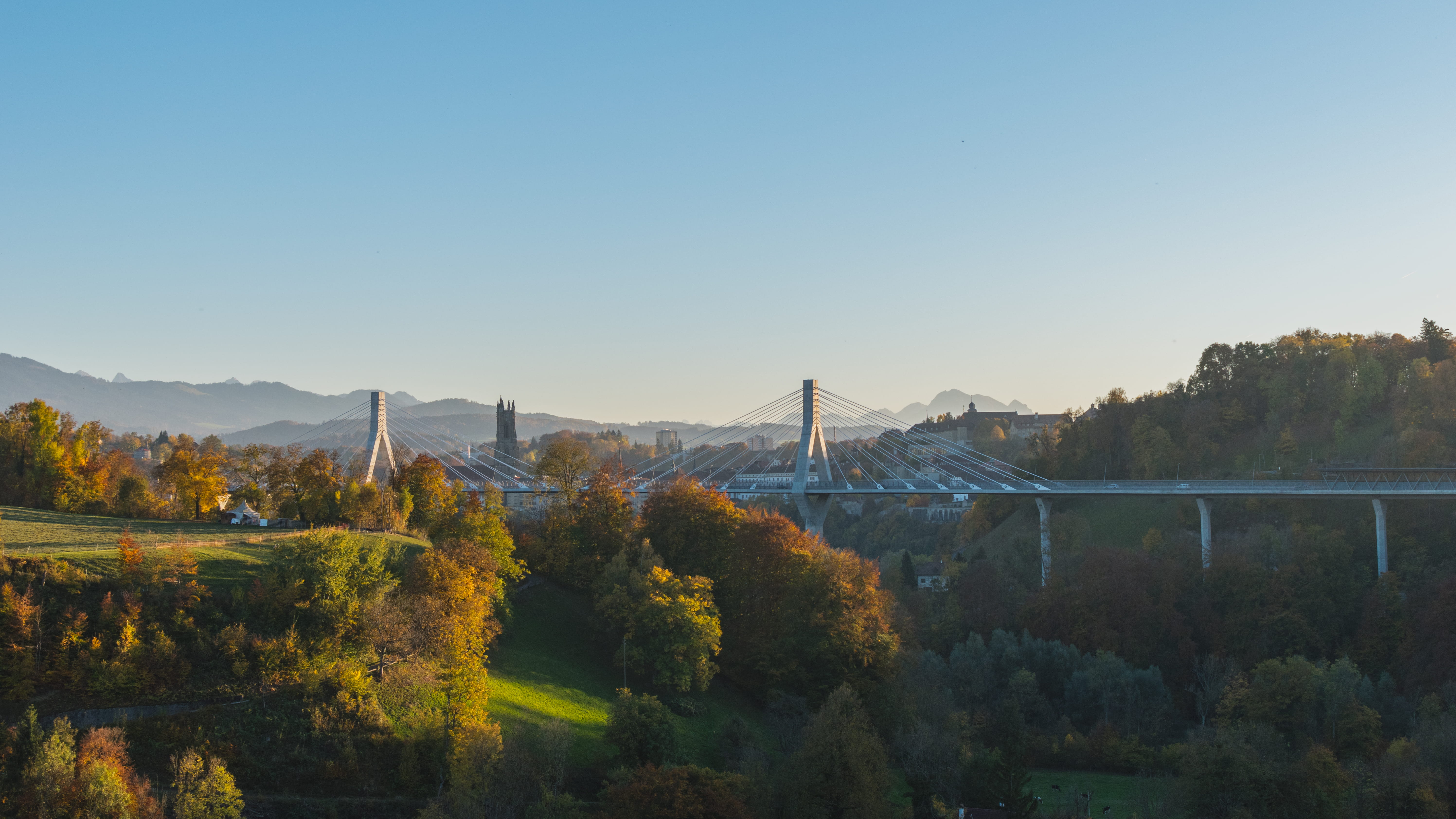 october, scenics - nature, tranquil scene, architecture, copy space, mountains, trees, landscape, fribourg, outdoors, 5K, built structure, non-urban scene, HD Wallpaper