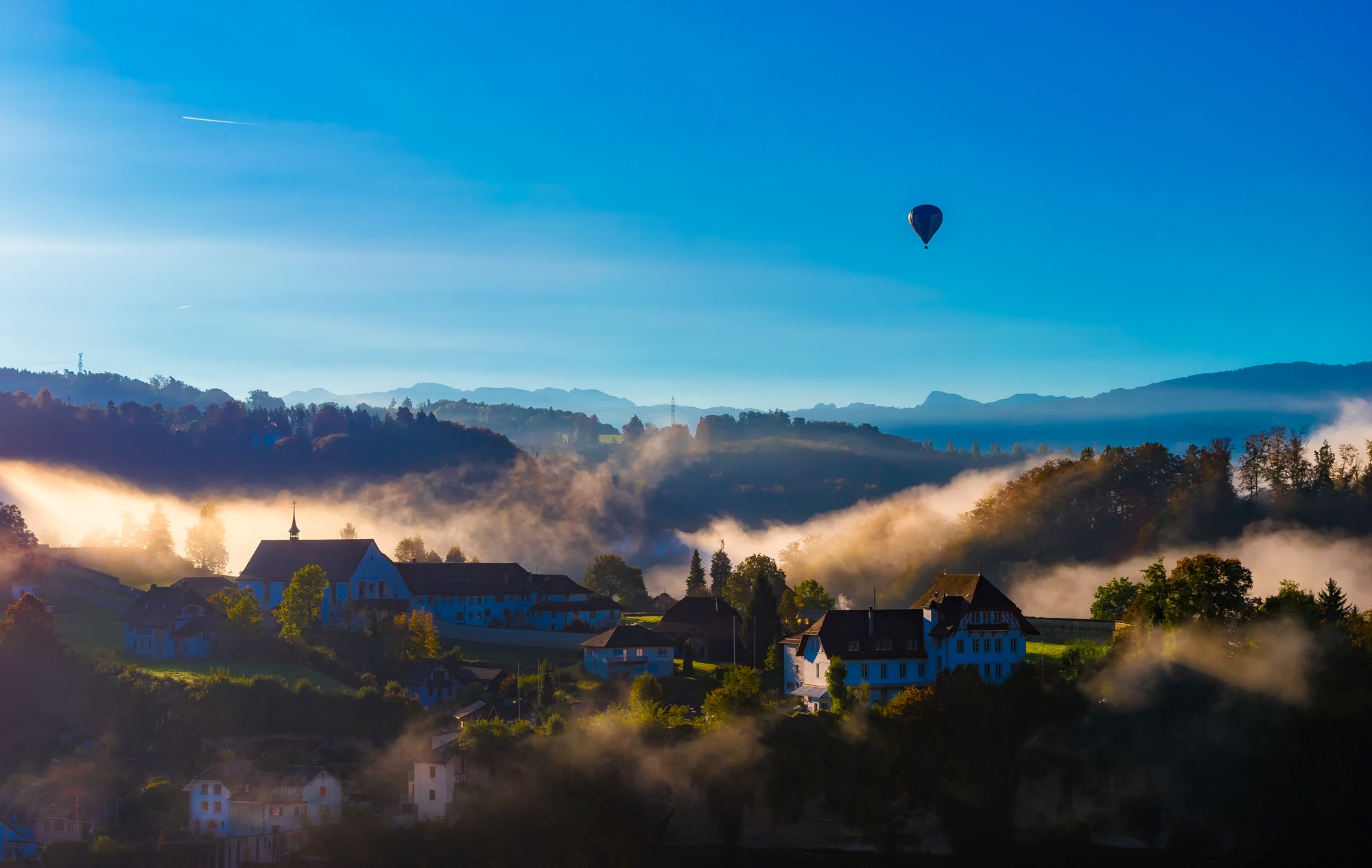 environment, sunrise, houses, hdr, built structure, fogs, hot, surrounded, forest, village, nature, mist, trees, fribourg, fog, residential district, landscape, HD Wallpaper