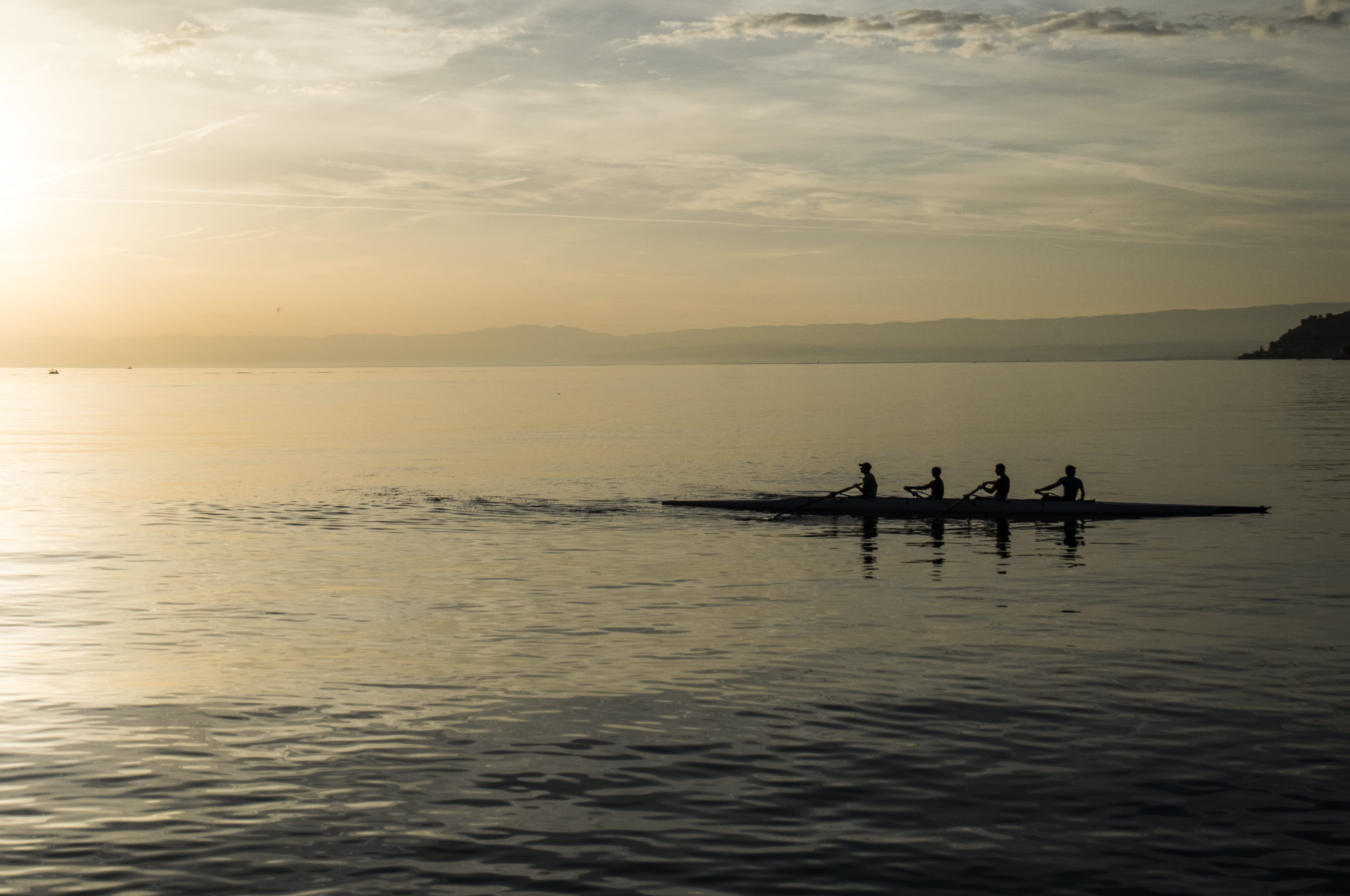 sky, lanscape, sun, unrecognizable person, waterfront, rowing, tranquility, lacleman, suisse, 4K, nature, sea, silhouette, scenics - nature, people, sunset, HD Wallpaper