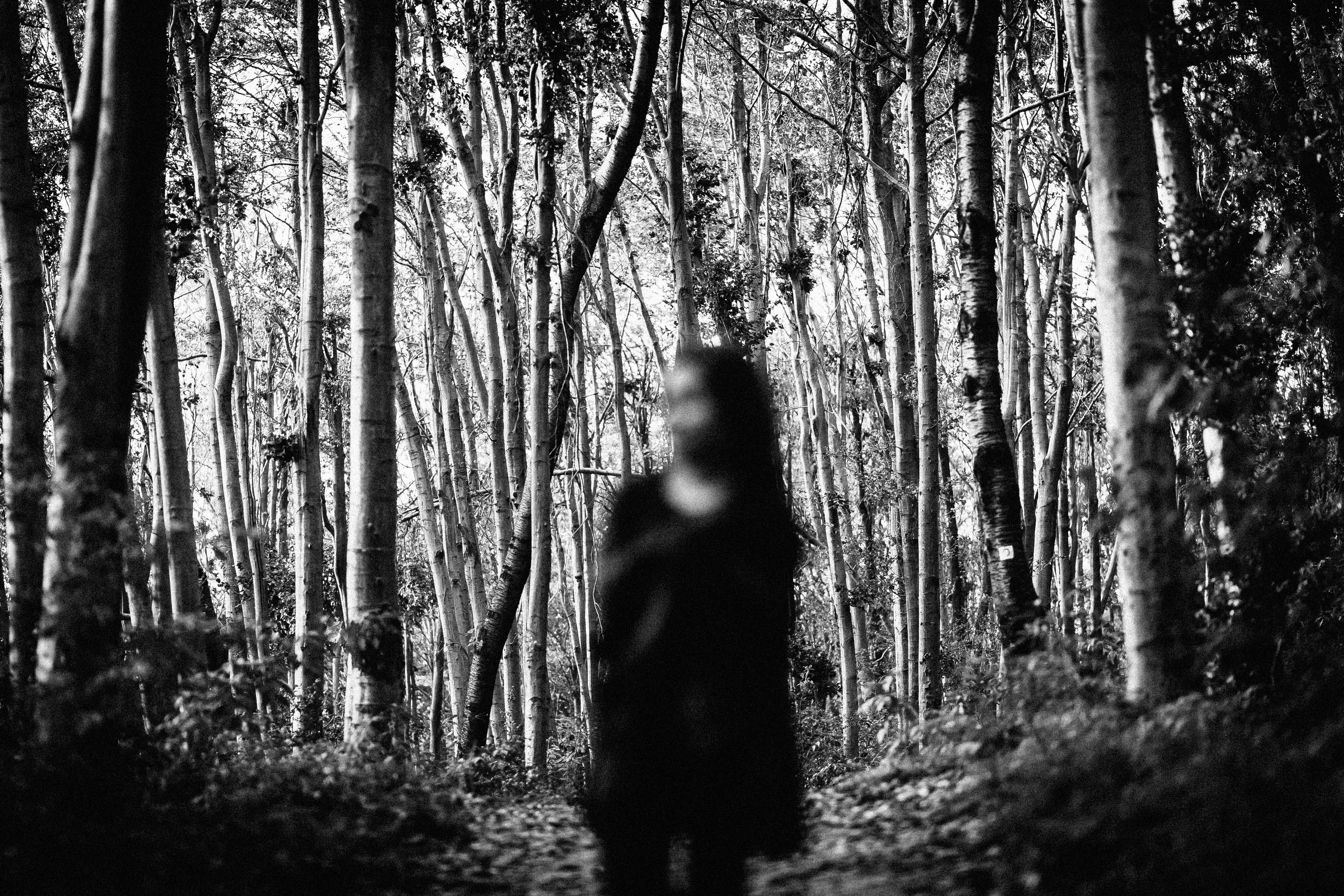 outdoors, gloomy, fear, woods, tranquility, magic, land, girl, dark, fantasy, walking, mysterious, lifestyles, forest, wearing, leisure activity, grayscale, HD Wallpaper