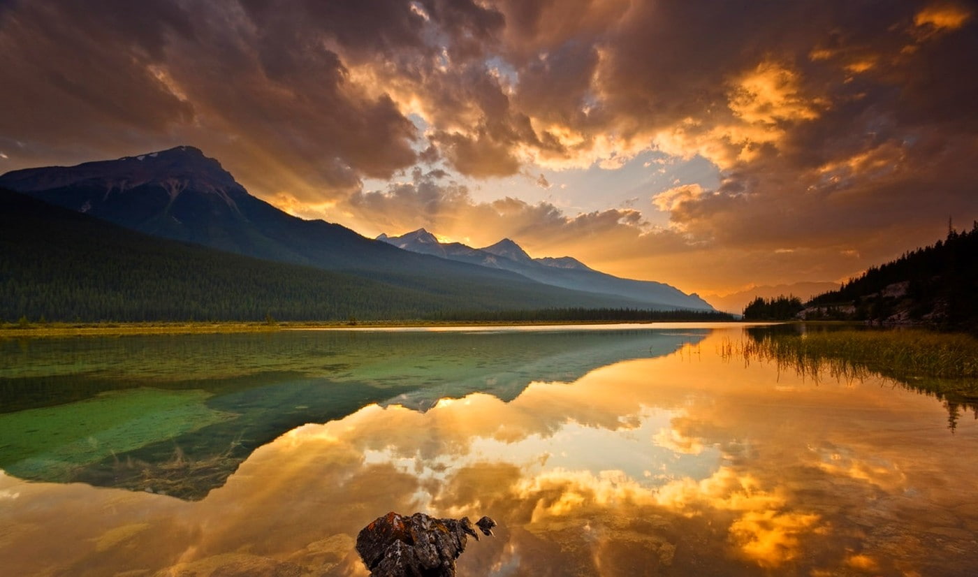 tranquility, lake, 720P, water, sky, purity, travel destinations, cloud - sky, mountain range, nature, reflection, mountain, beauty in nature, sunset, HD Wallpaper