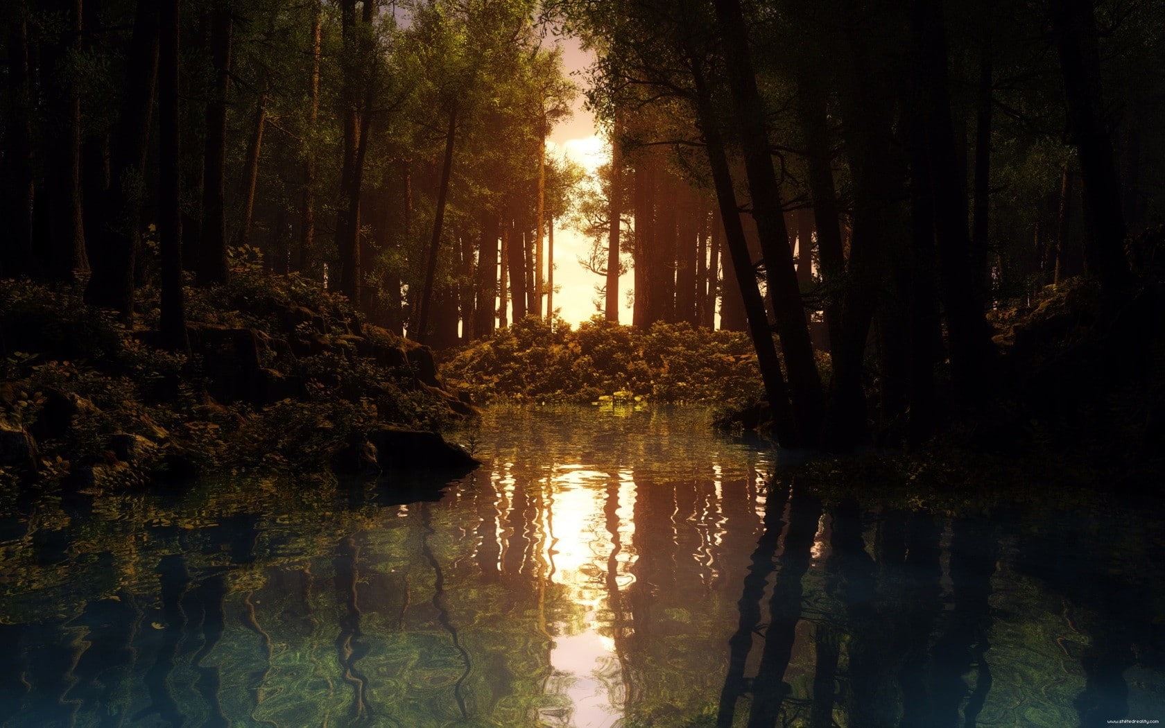 720P, reflection, sunset, creeks, forest, CGI, HD Wallpaper