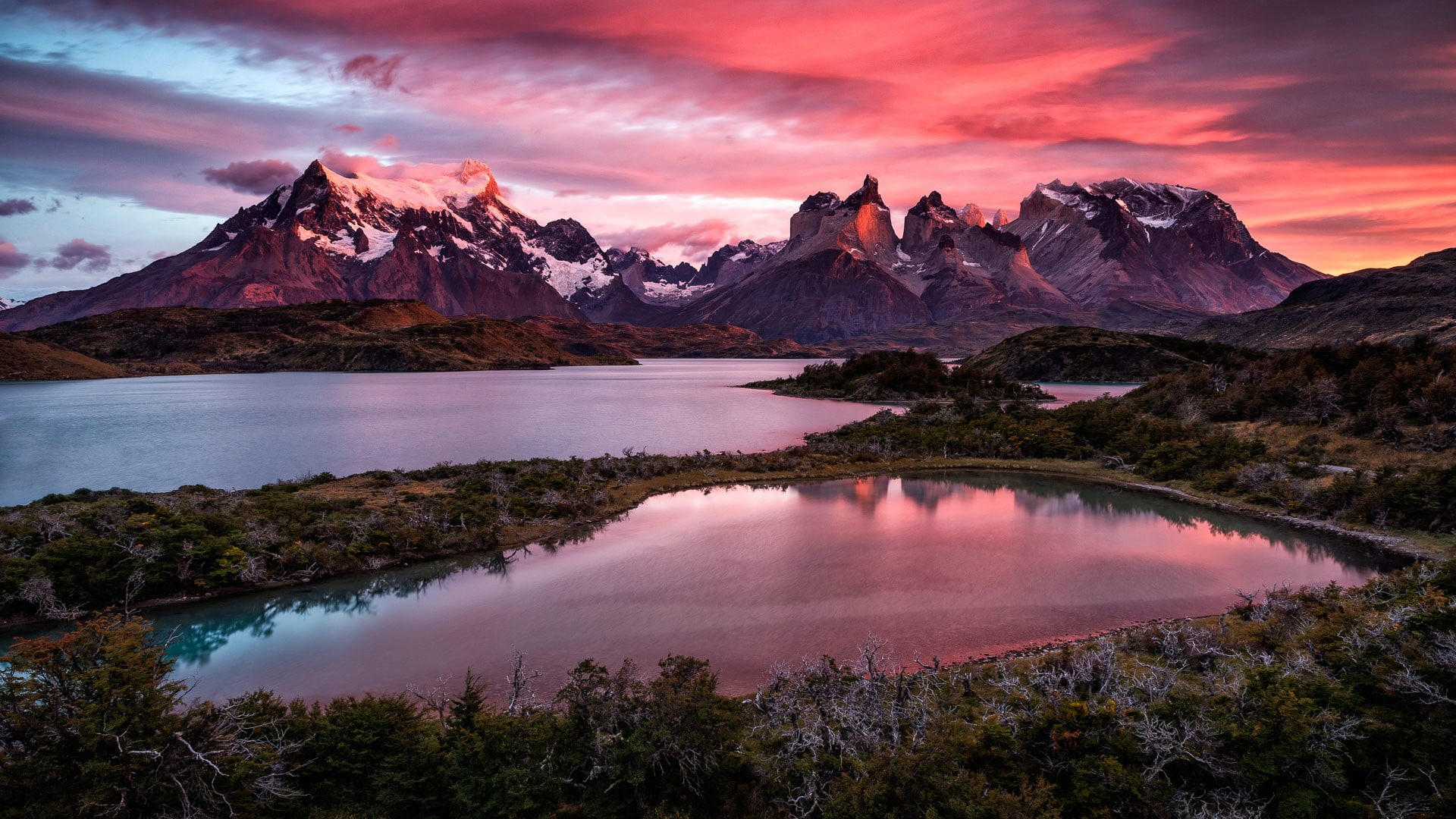reflection, clouds, nature, 1080P, lake, snowy peak, water, sunset, forest, trees, landscape, mountains, HD Wallpaper