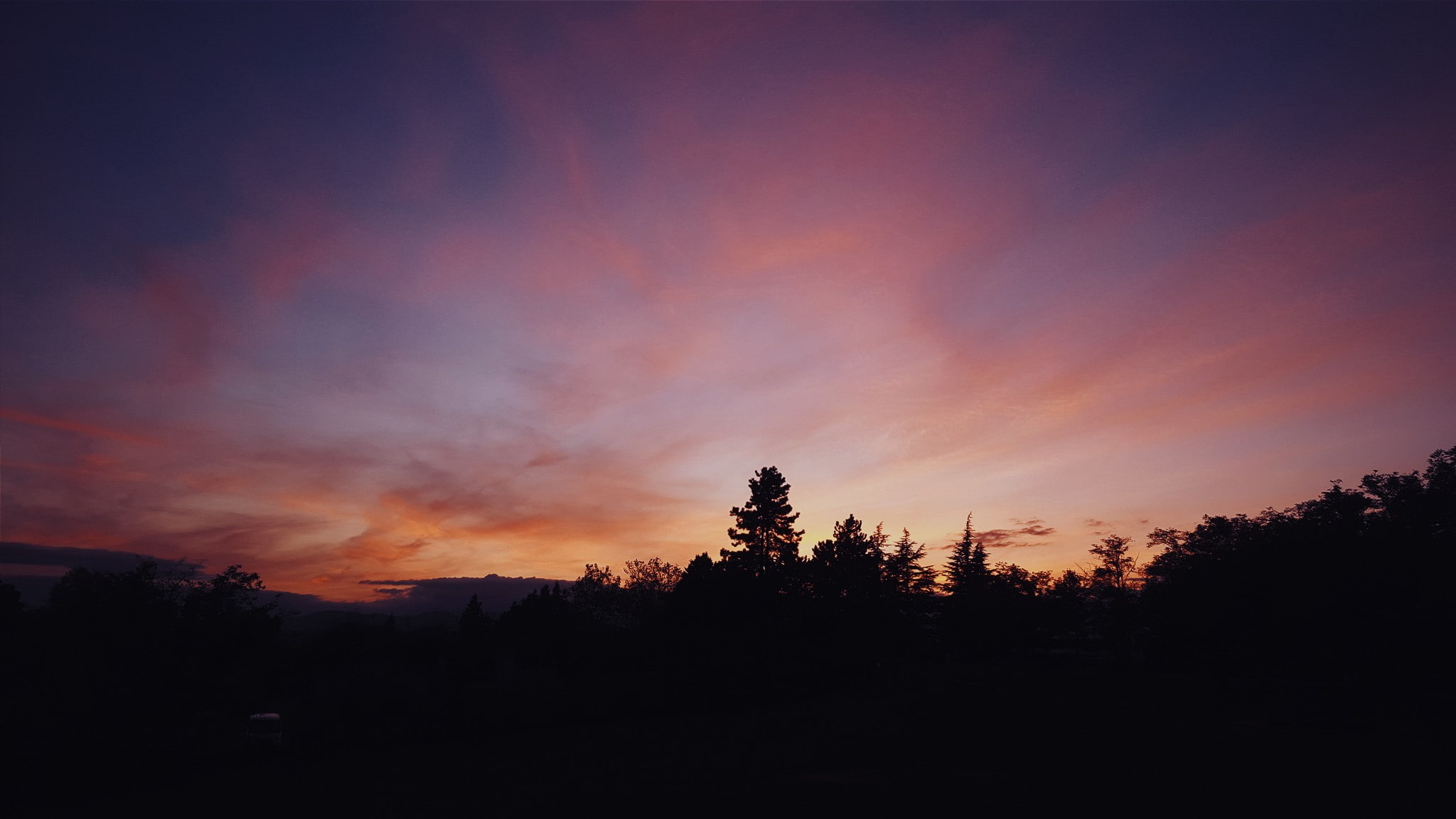 clouds, trees, plant, tranquility, photography, dramatic sky, scenics - nature, landscape, beauty in nature, sunset, orange color, coniferous tree, silhouette, HD Wallpaper