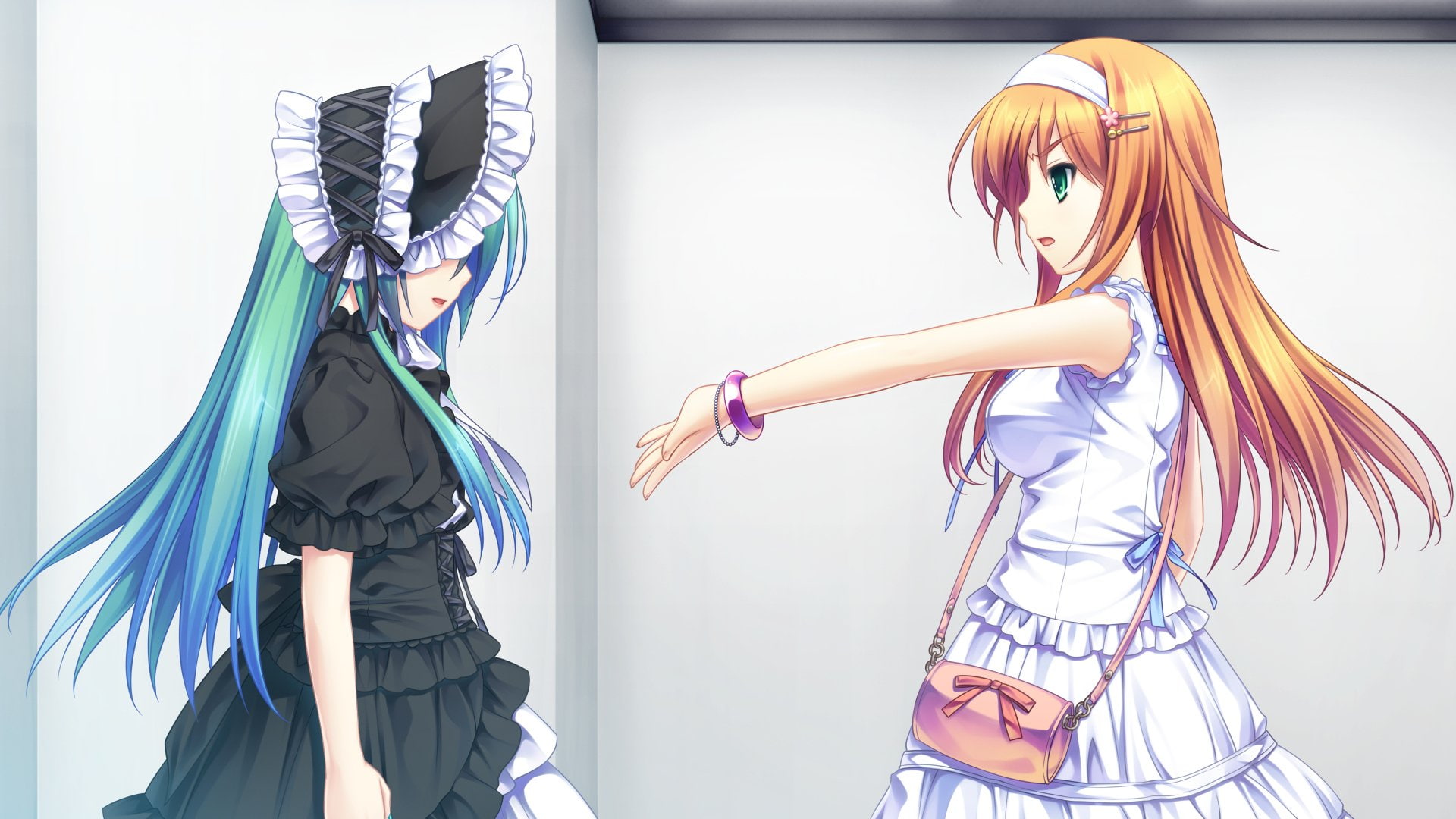 Urara Haruki, Juri Kourihama, Green Eyes, Ribbon, Hairpin, Blonde, Blue Hair, and - Sora no Mukou de Sakimasu you ni -, 1080P, Handbag, Long Hair, Gothic, HD Wallpaper