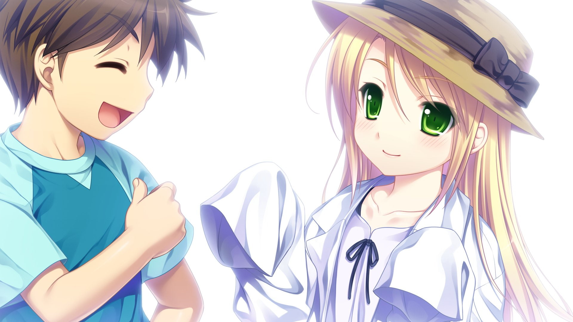 Anime, Hat, Girl, Ribbon, Blonde, Short Hair, Long Hair, Mahori Tsukasa, Blush, Kanno Kou, 1080P, and - Sora no Mukou de Sakimasu you ni -, bow (Clothing), HD Wallpaper