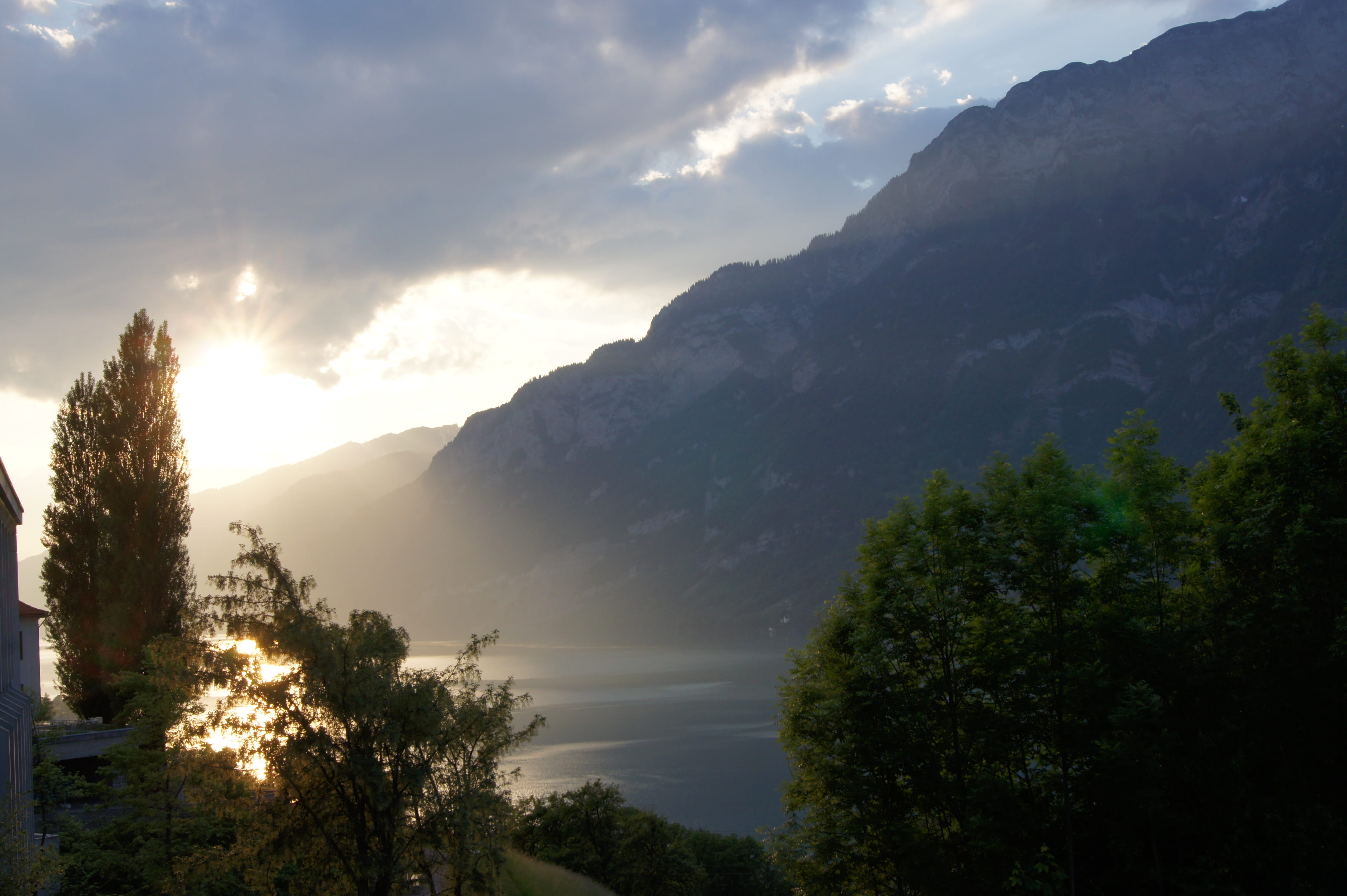 no people, clouds, sunset, tranquil scene, beauty in nature, tree, cloud - sky, mountains, lake, sun, scenics - nature, light, non-urban scene, night, sunlight, HD Wallpaper