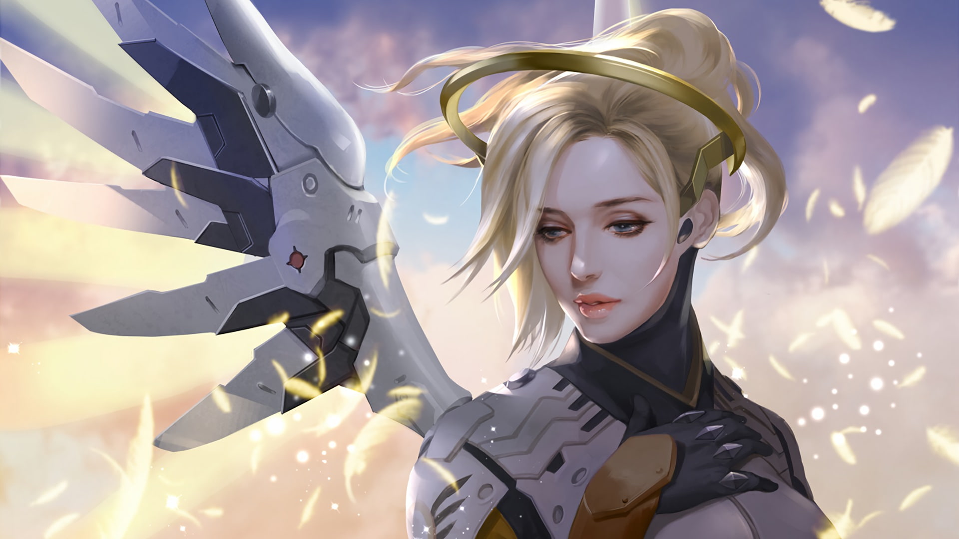blonde, blue eyes, Overwatch, women, wings, video games, 1080P, Mercy (Overwatch), HD Wallpaper