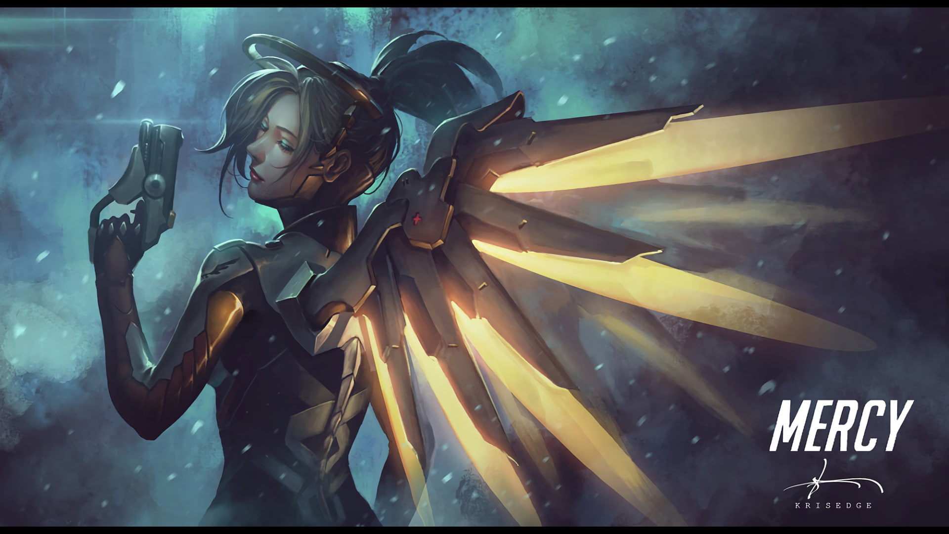 Wings, Pistol, Mercy (Overwatch), Overwatch, Gun, Video Game, Girl, 1080P, Weapon, Blonde, Bodysuit, HD Wallpaper