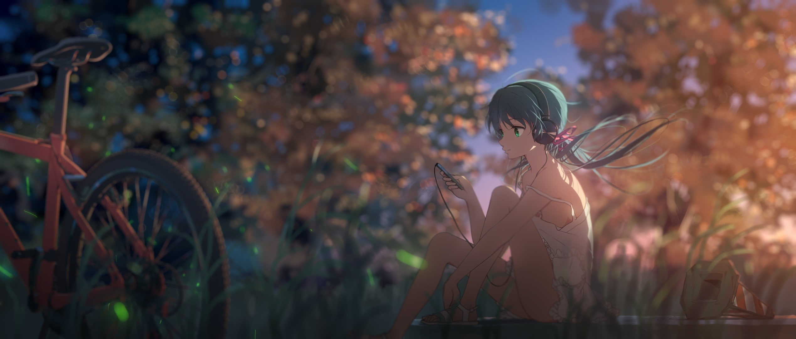 anime girls, 1080P, outdoors, skill, young adult, nature, focus on foreground, headphones, representation, arts culture and entertainment, aqua hair, art and craft, HD Wallpaper