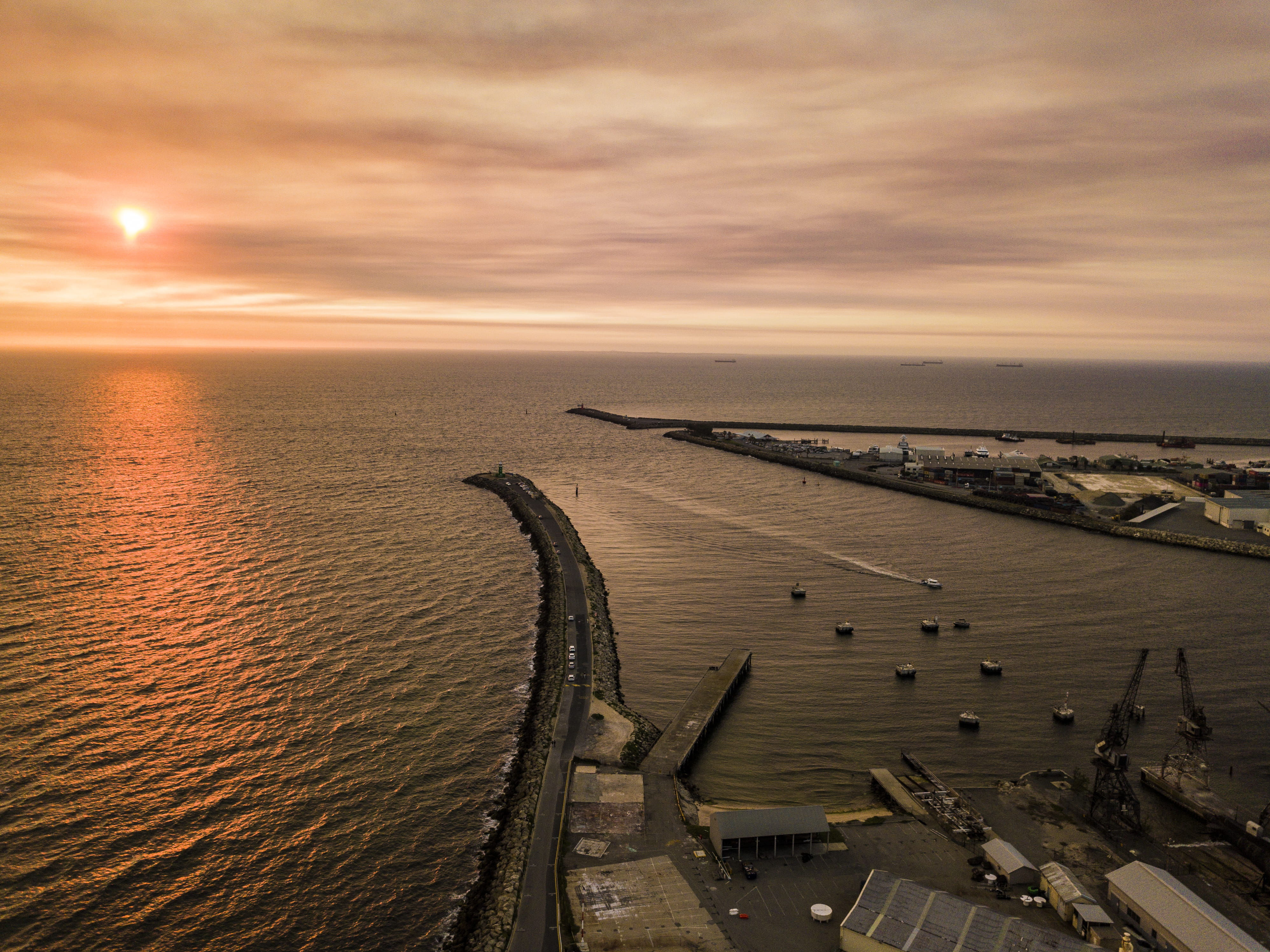 sea shore, orange sunset, cloud - sky, boat, sea side, transportation, outdoors, environment, horizon, pier, sea, scenics - nature, nature, drone sunset, HD Wallpaper