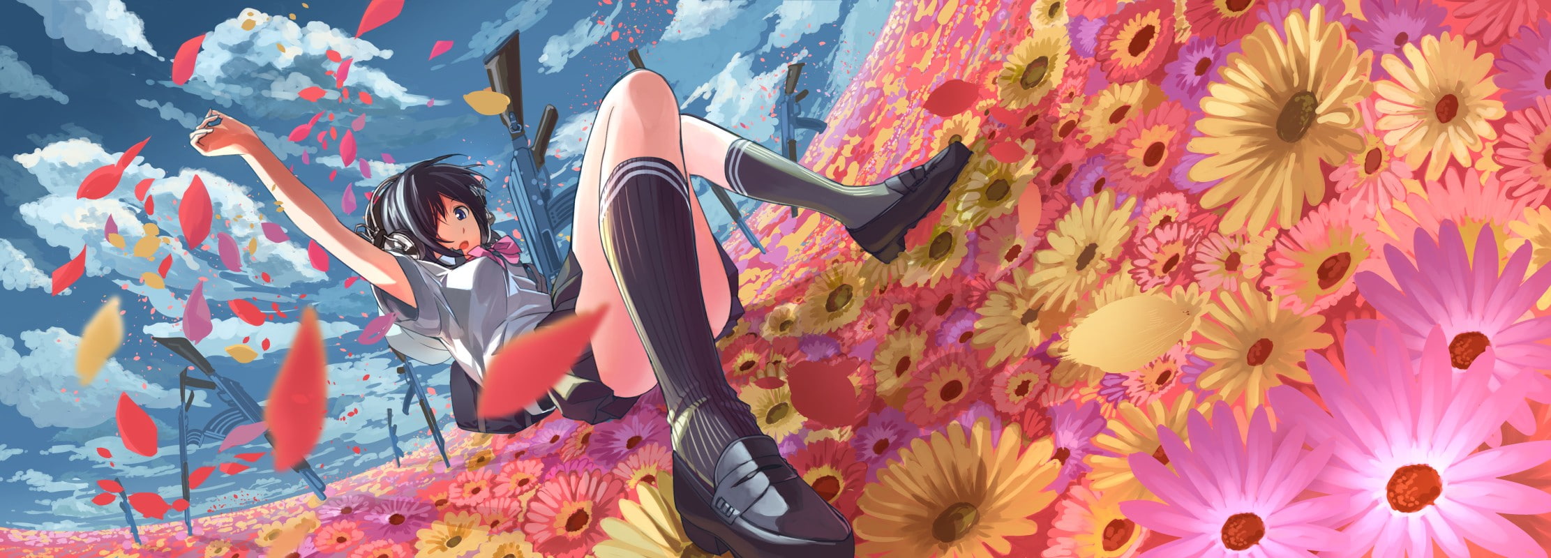 school uniform, rifles, 1080P, weapon, sunflowers, clouds, HD Wallpaper