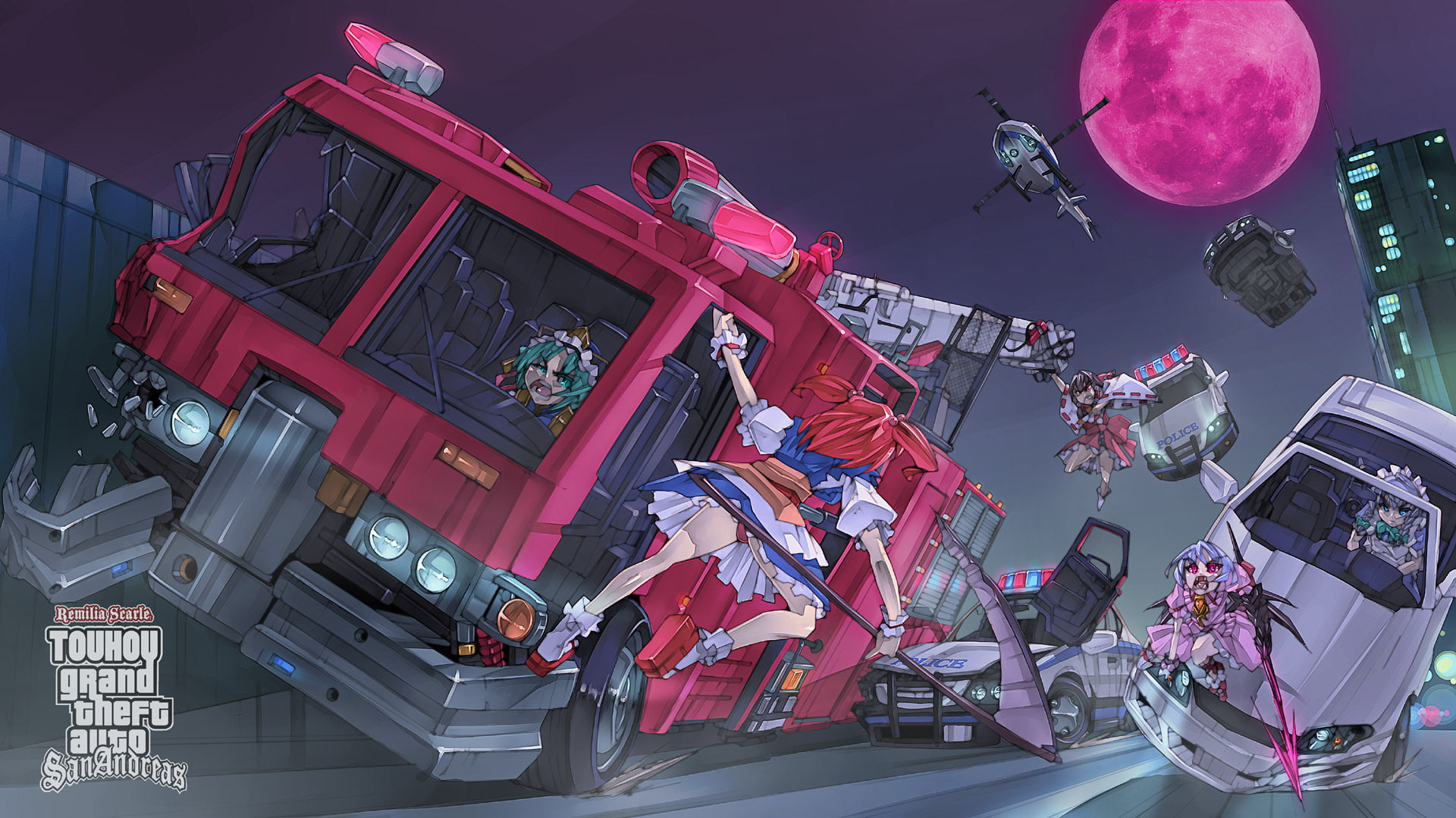 remilia, theft, building, touhou, weapon, group, 1080P, komachi, auto, g haruka, moon, scarlet, izayoi, reimu, sakuya, parody, scythe, onozuka, grand, HD Wallpaper