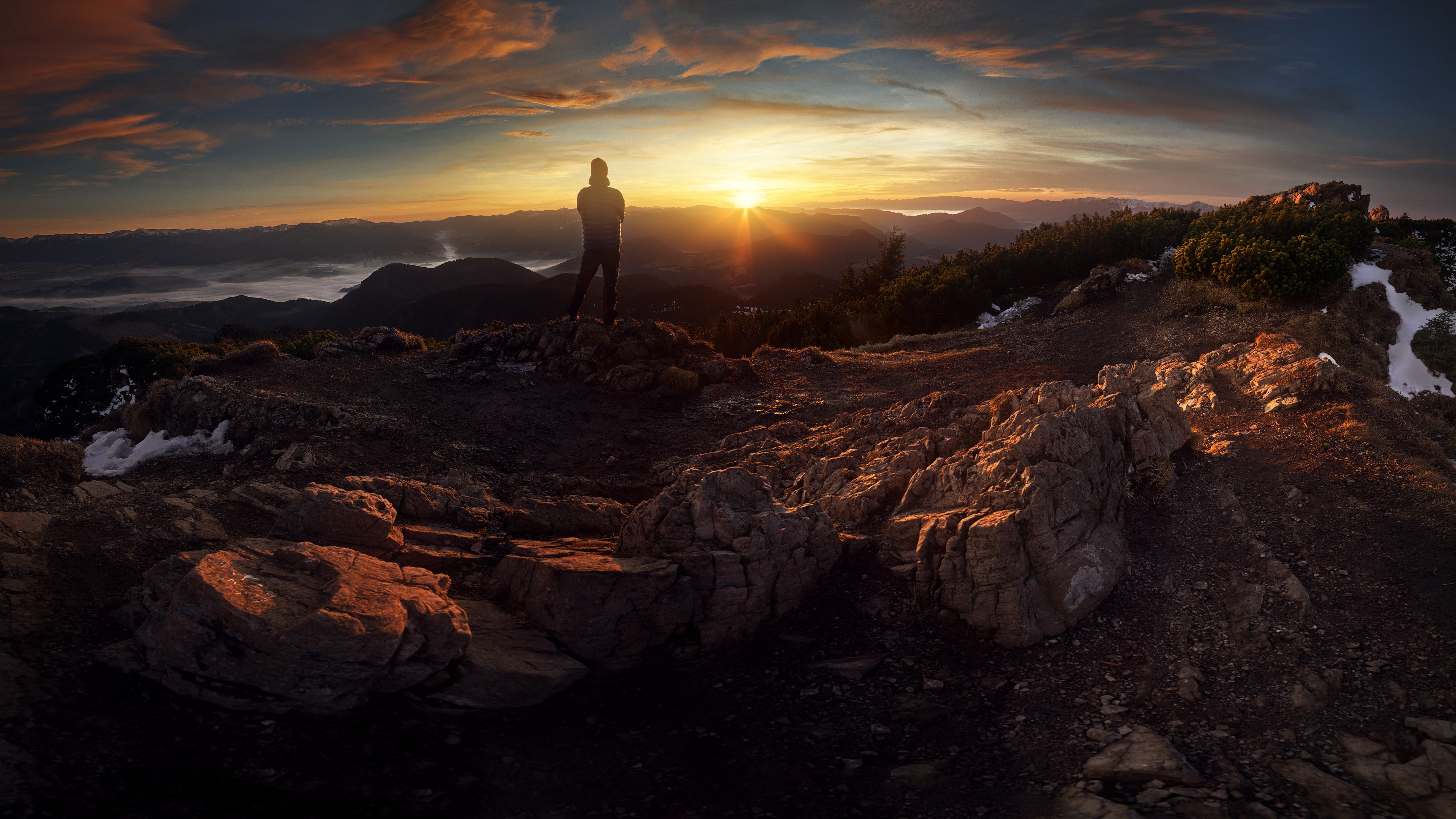land, sky, landscape, beauty in nature, nature, men, 4K, idyllic, environment, panorama, silhouette, tranquility, scenics - nature, rock - object, mist, HD Wallpaper