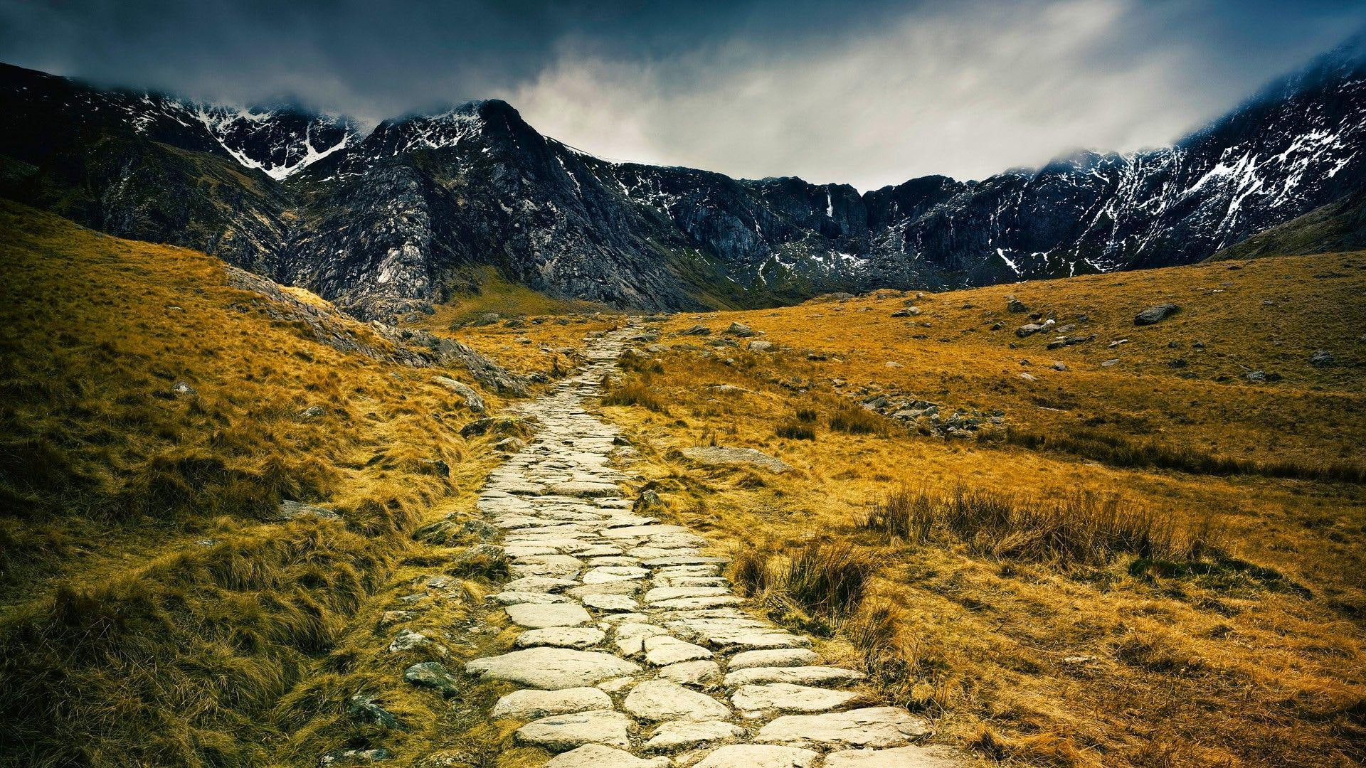 path, photography, field, 1920x1080, grass, mountain, 1080P, cloud, stone, green, beige, pathway, HD Wallpaper