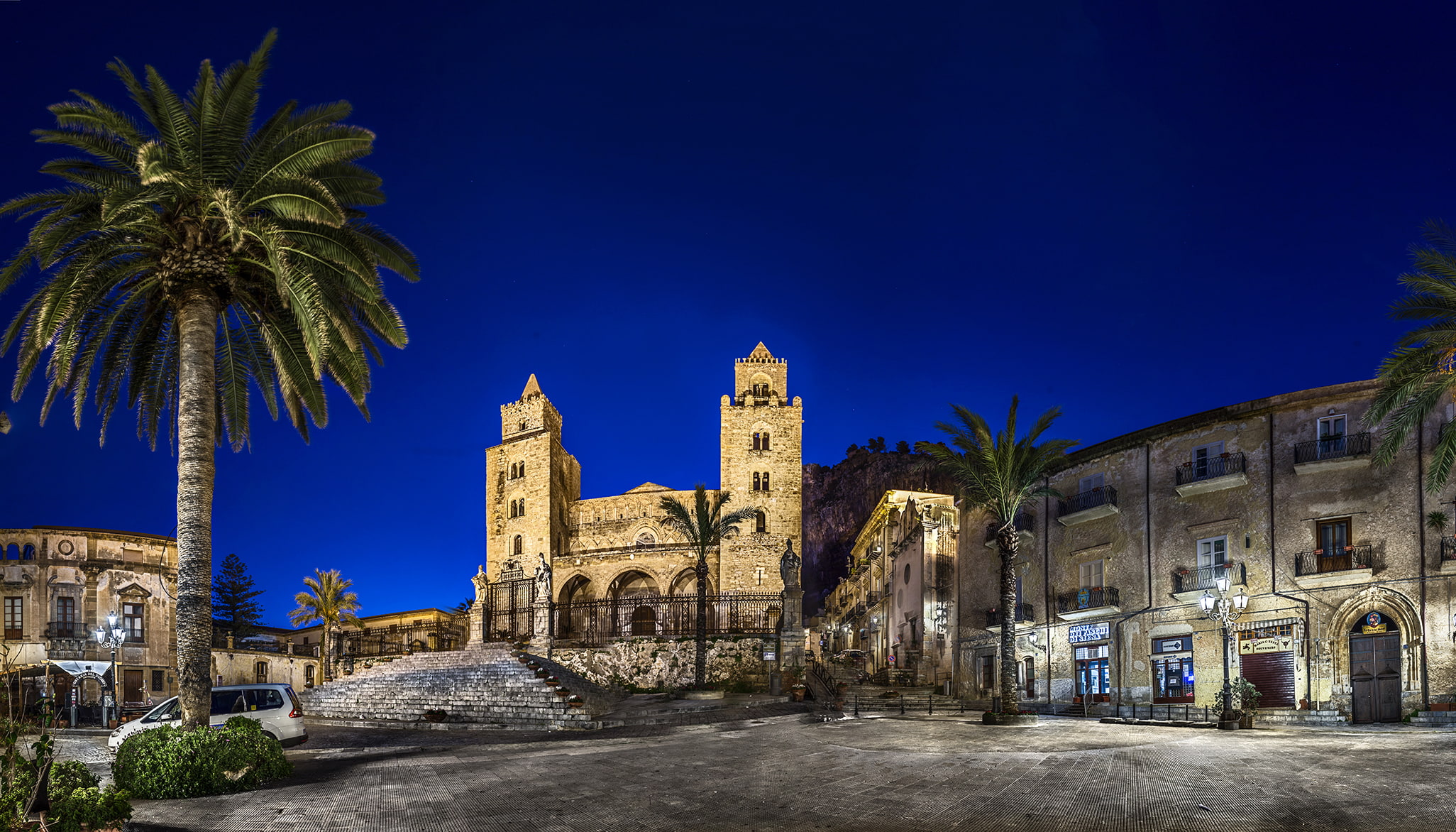 night, palm trees, lights, 1080P, architecture, Cefalu, Italy, Sicily, HD Wallpaper