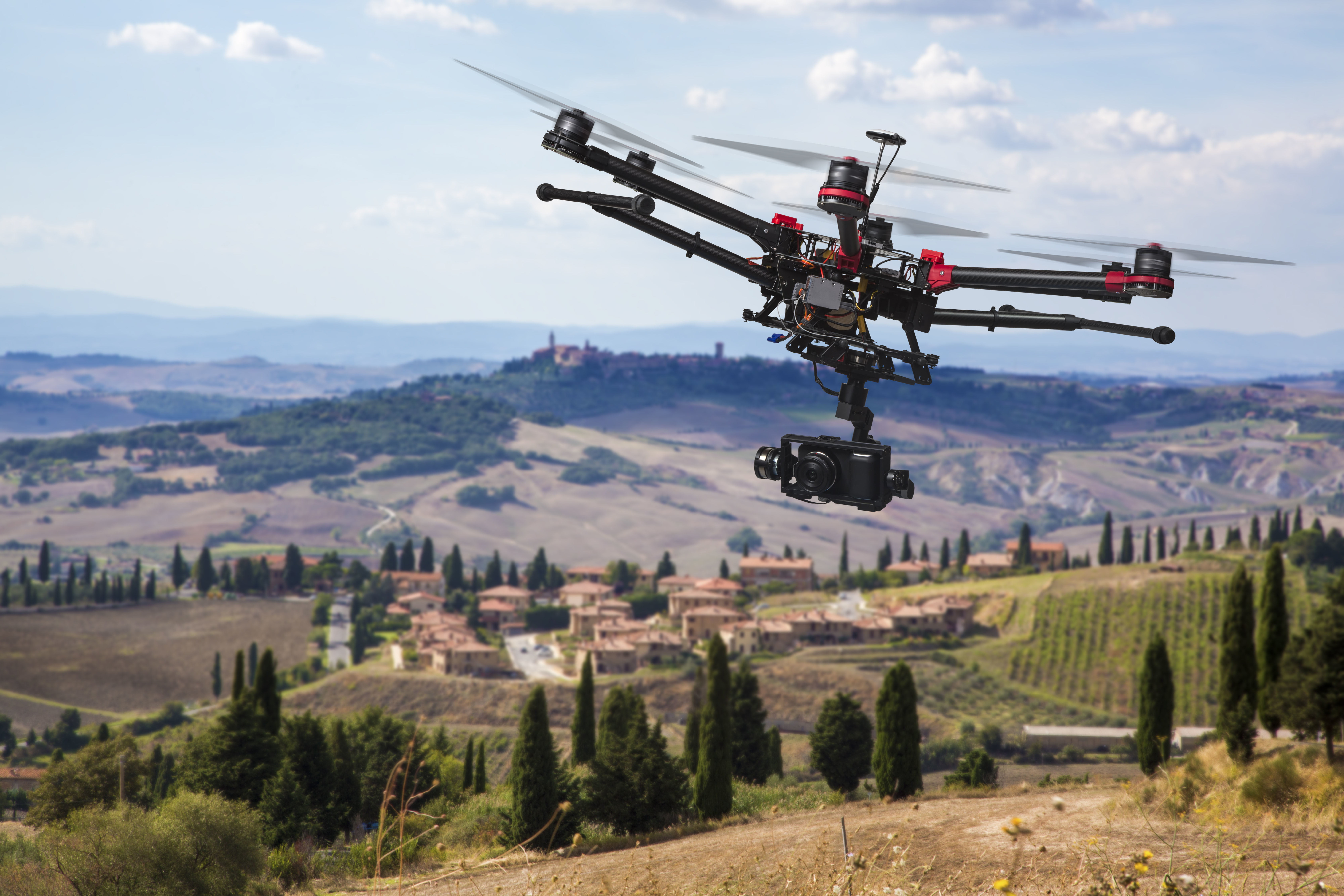 nature, screws, red, helicopter, camera, no people, 5K, environment, trees, day, quadcopter, land, shooting, six, mid-air, hills, mode of transportation, HD Wallpaper
