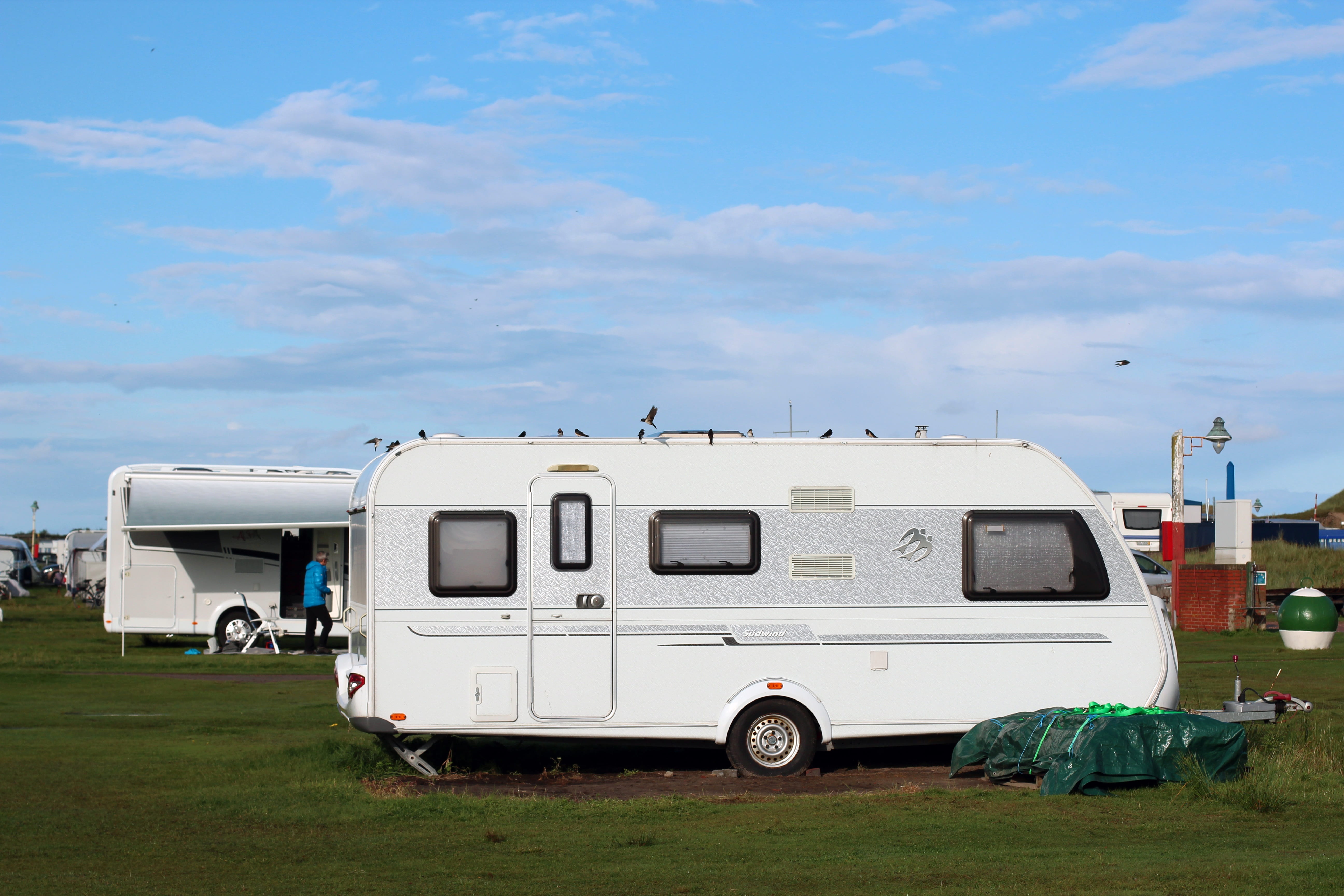 go away, sleep, day, motor vehicle, van - vehicle, parking, swallows, green, blue, travel, truck, land vehicle, birds, sky, cloud - sky, 5K, caravan, car, HD Wallpaper