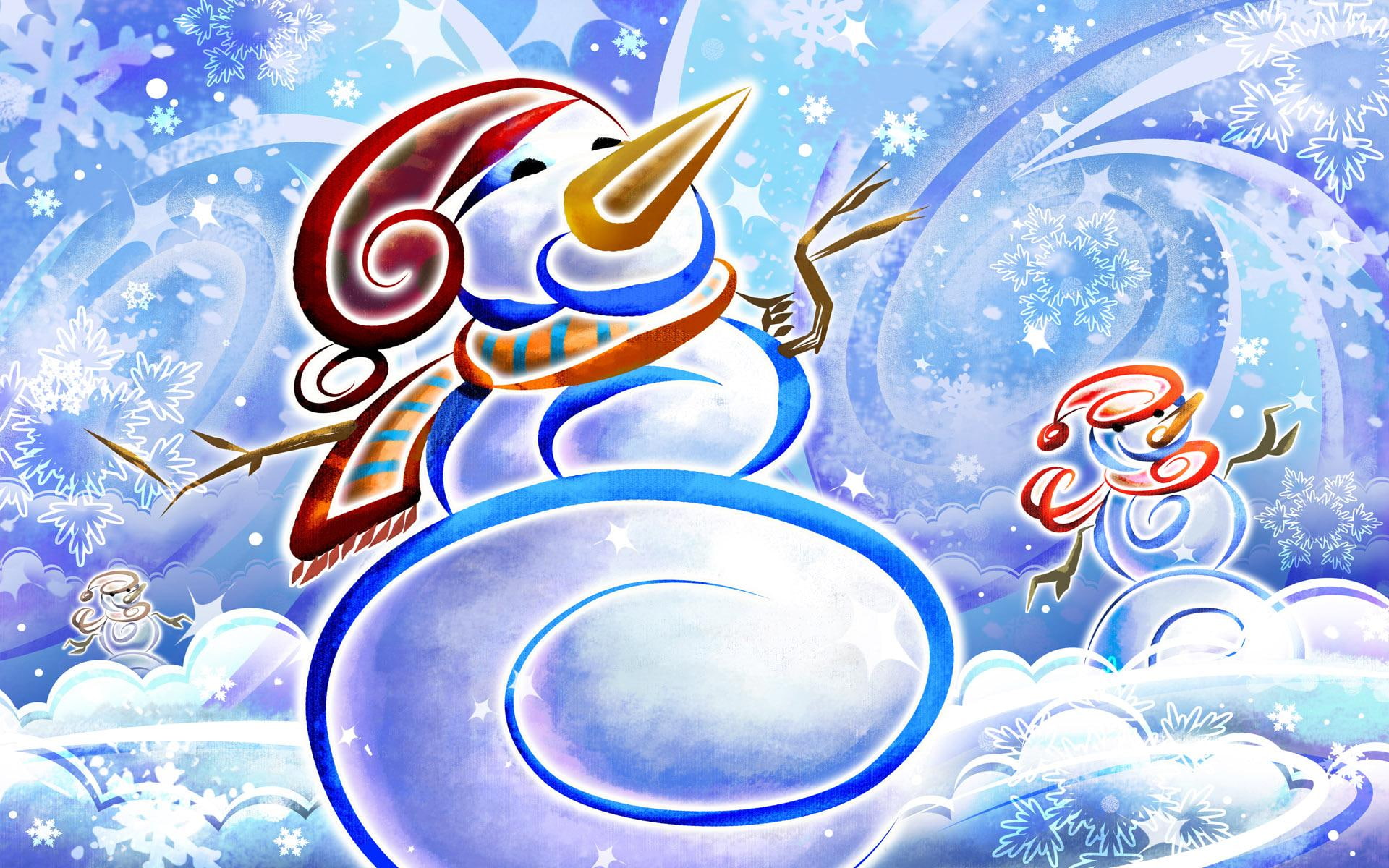 snowman, winter, illustration, snowflakes, 3d and abstract, frosty, 1080P, snow, wind, HD Wallpaper