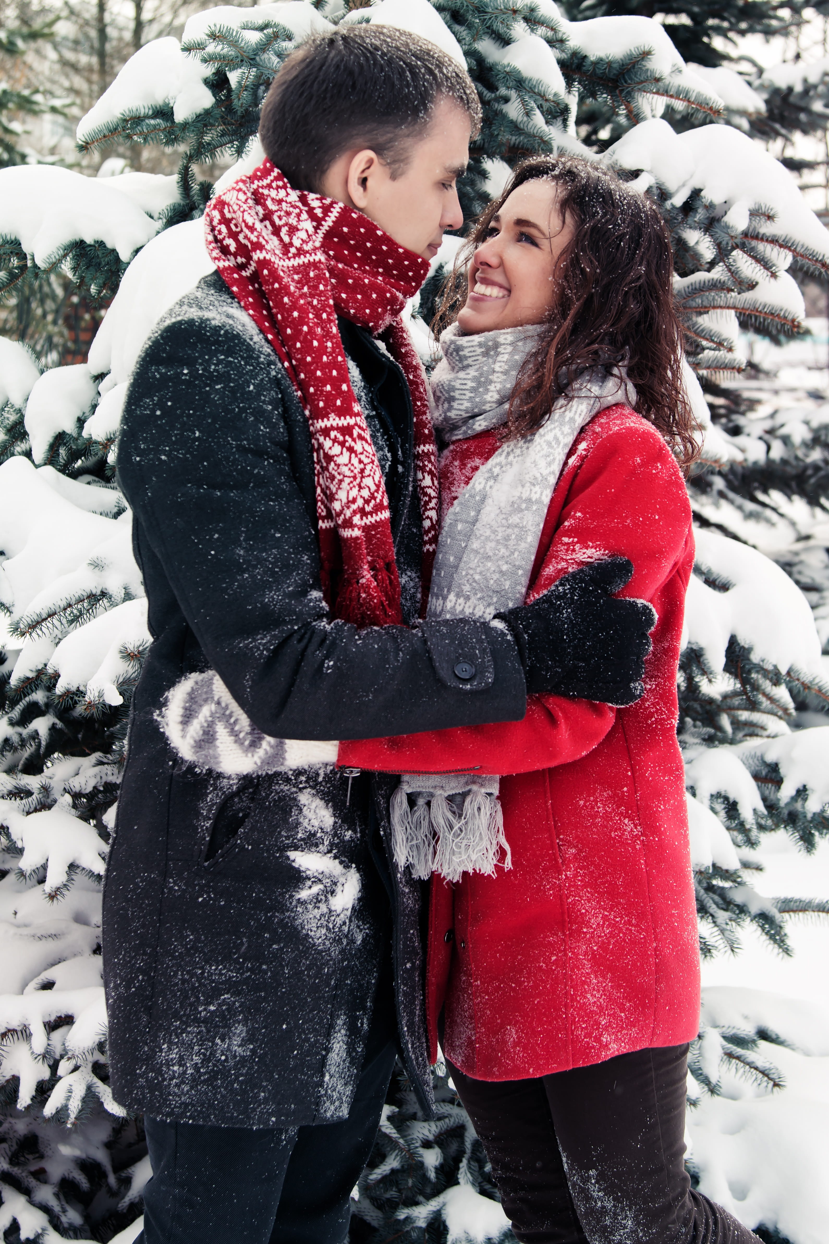 togetherness, spruce, positive emotion, facing, sweethearts, red, women, real people, cold, happiness, snowing, 4K, coat, love, snowflake, emotion, nature, Phone HD Wallpaper