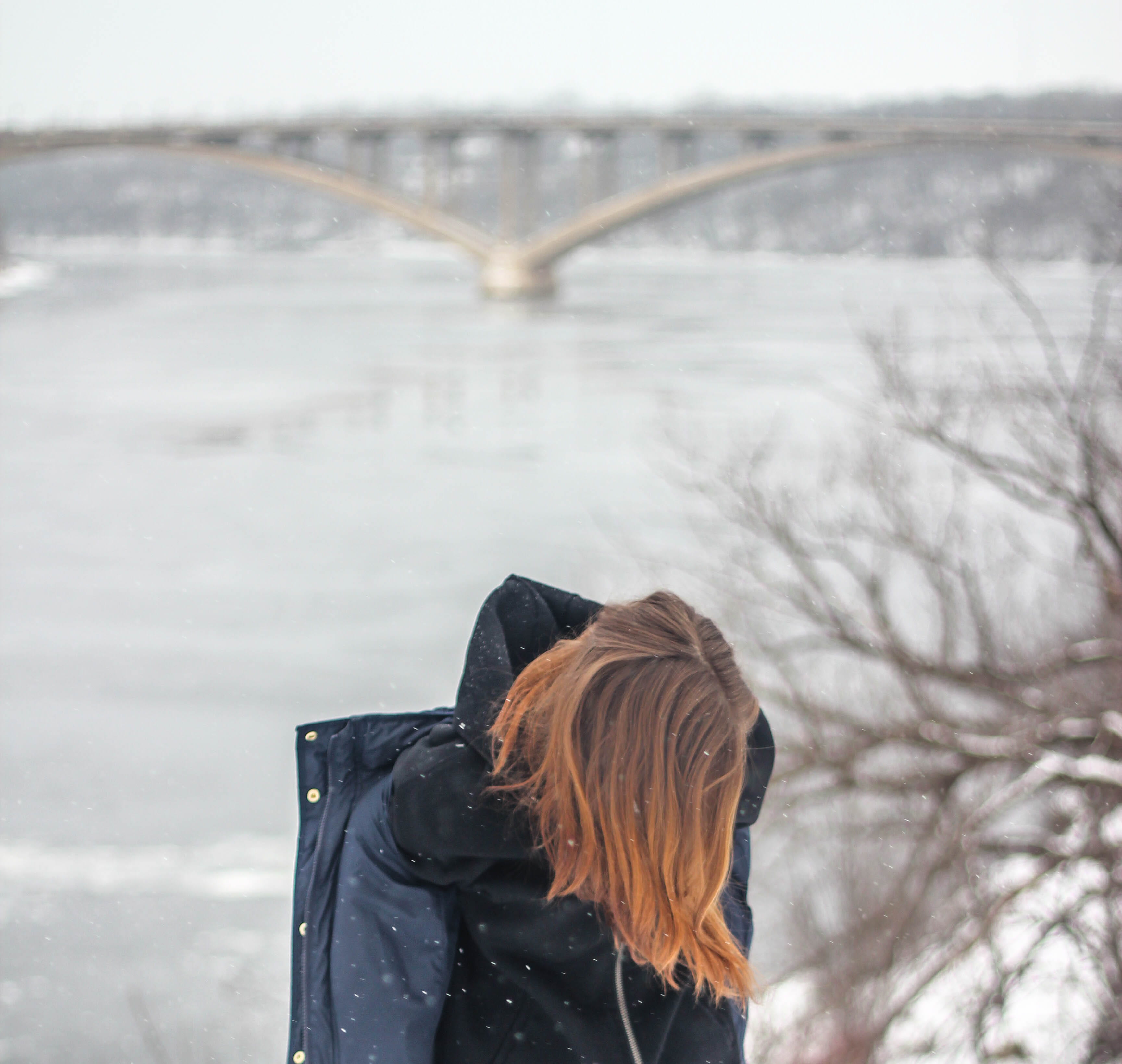 hairstyle, bridge, landscape, snow, person, bridge - man made structure, clothing, real people, icy, nature, standing, rear view, one person, 2K, adult, HD Wallpaper