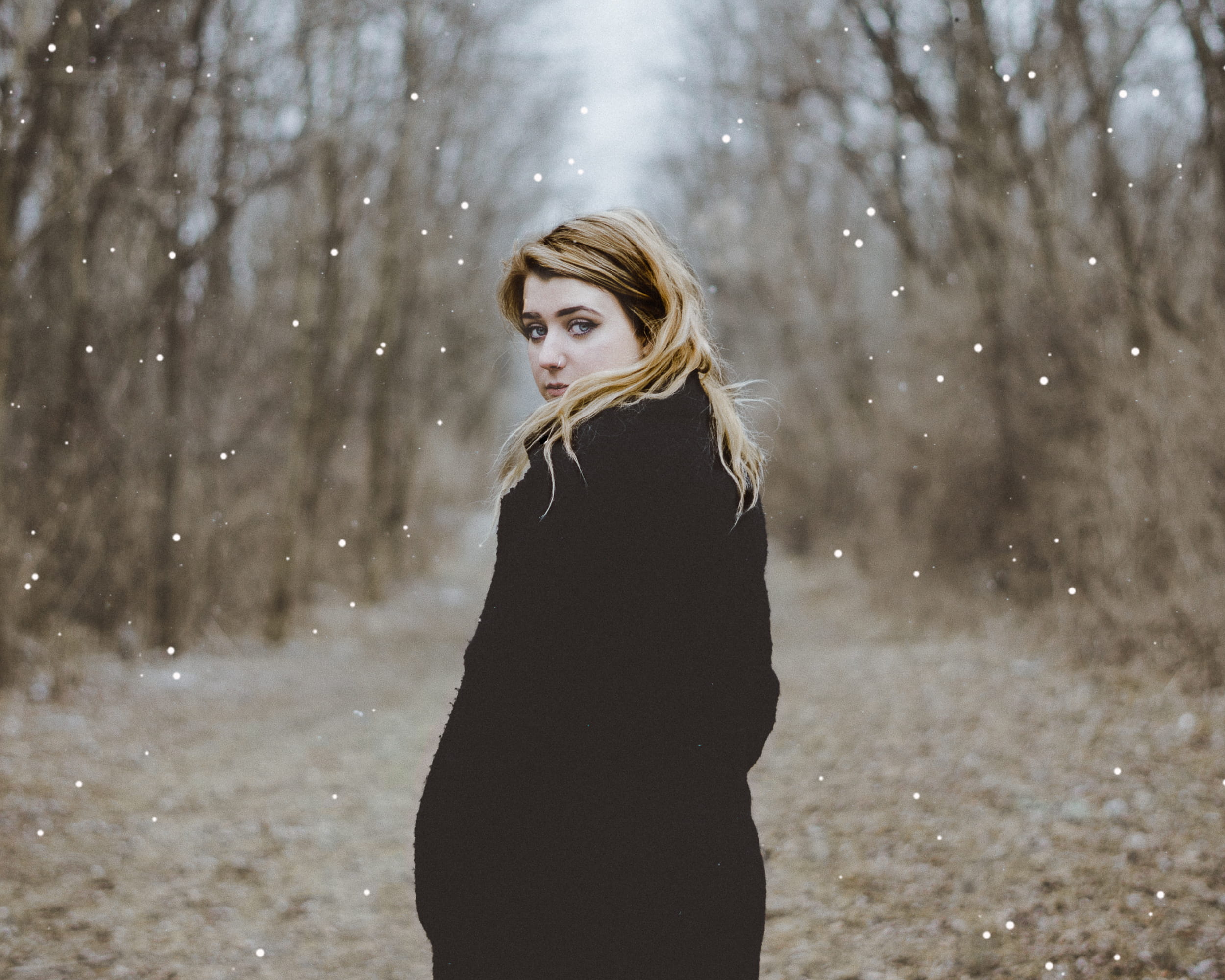 outdoors, snow, plants, one person, trees, nature, blue eyes, blonde, tree, cold, winter, beautiful woman, warm clothing, standing, coat, focus on foreground, HD Wallpaper