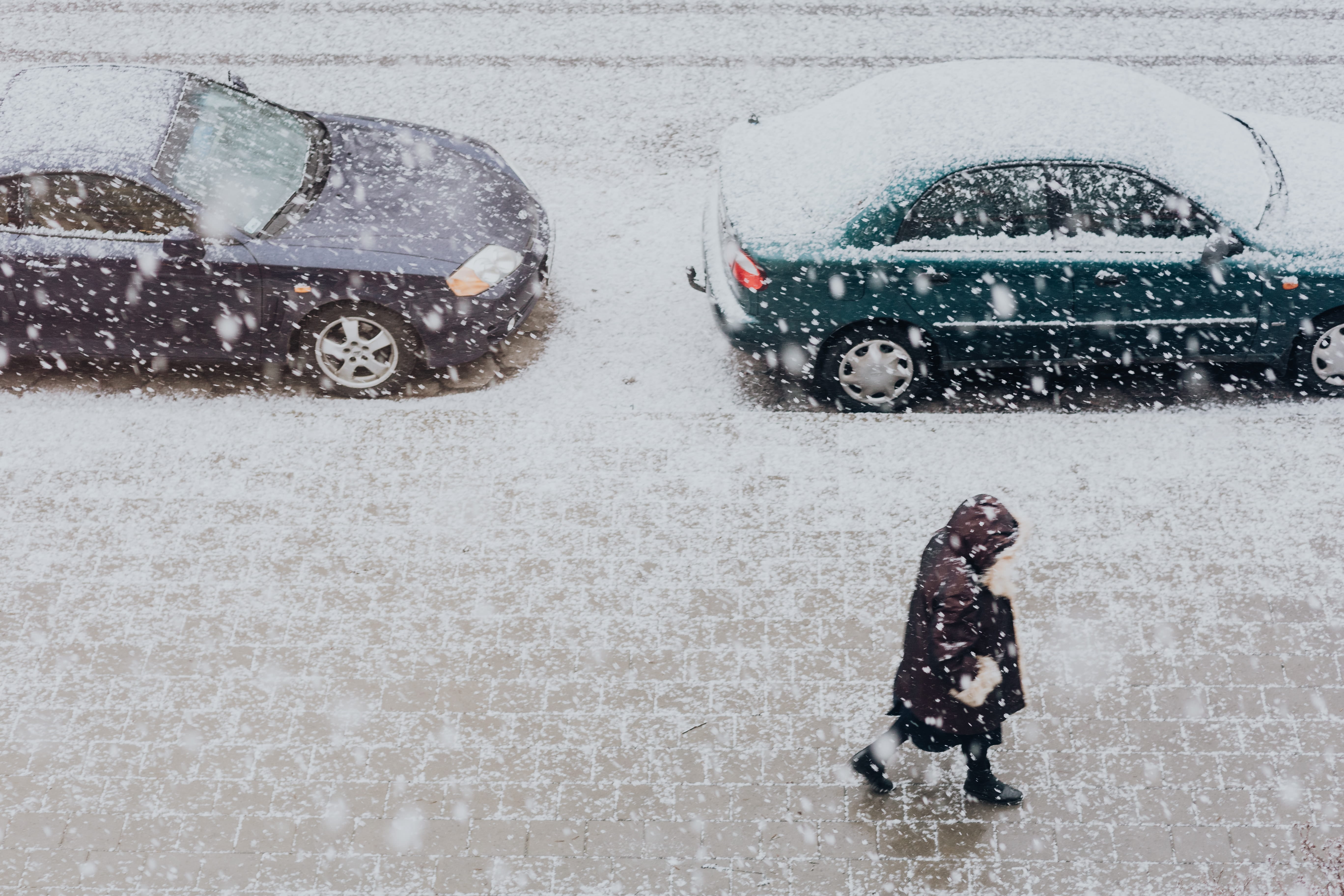 cars, transportation, high angle view, snowing, child, extreme weather, outdoors, rainy season, cold temperature, mode of transportation, town, winter, HD Wallpaper