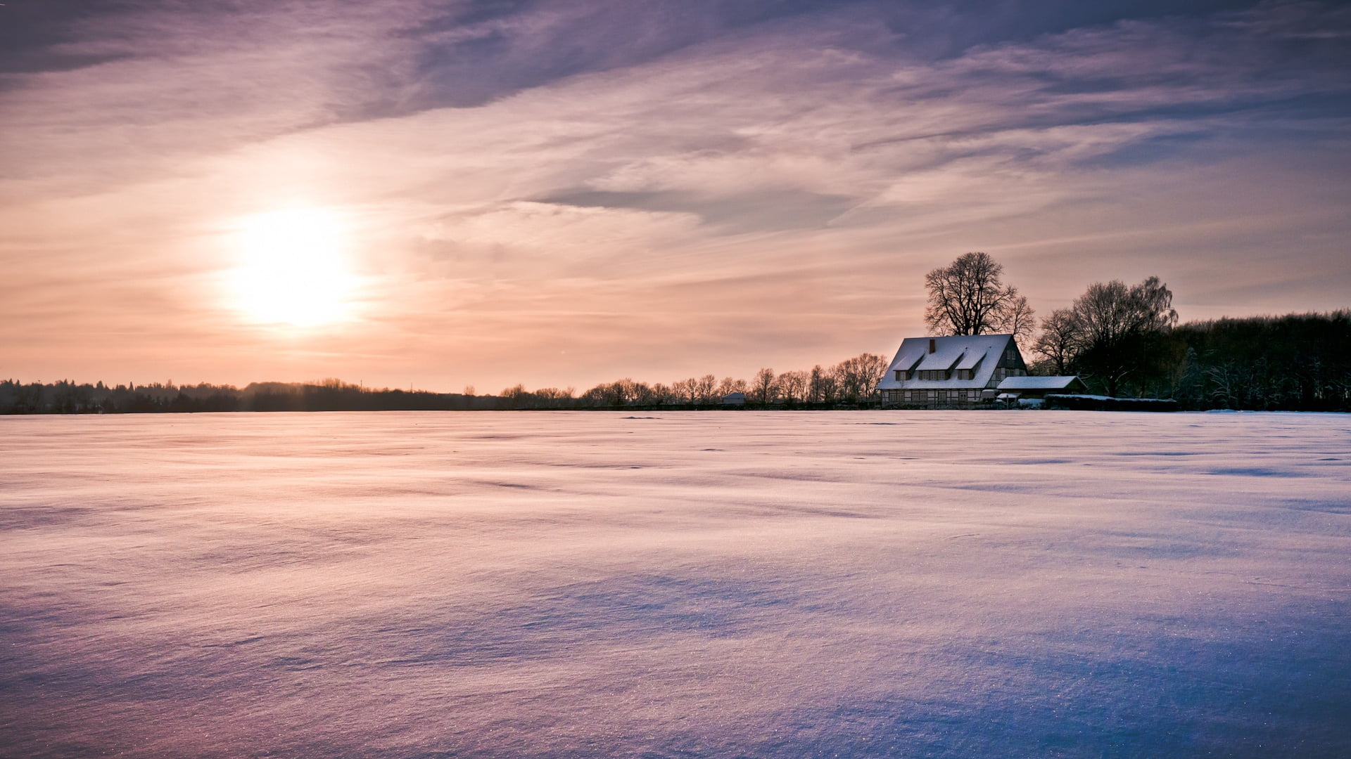 built Structure, carpet, snowdrifts, cloud - Sky, winter, sunset, blue, red, cold - Temperature, nature, water, non-Urban Scene, farm, romantic sky, lake, HD Wallpaper