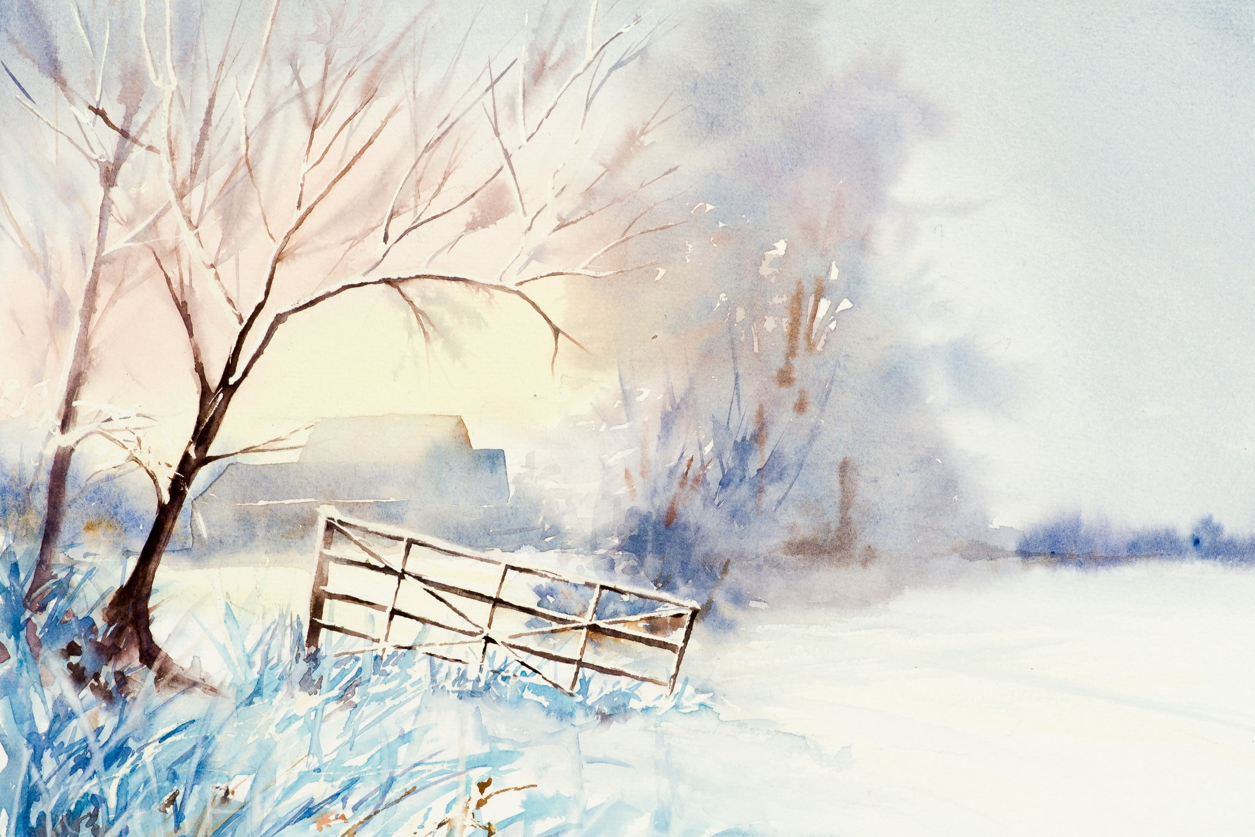 environment, 2K, day, trees, built structure, fog, outdoors, sky, gate, snowing, picture, landscape, beauty In Nature, building exterior, non-Urban Scene, HD Wallpaper