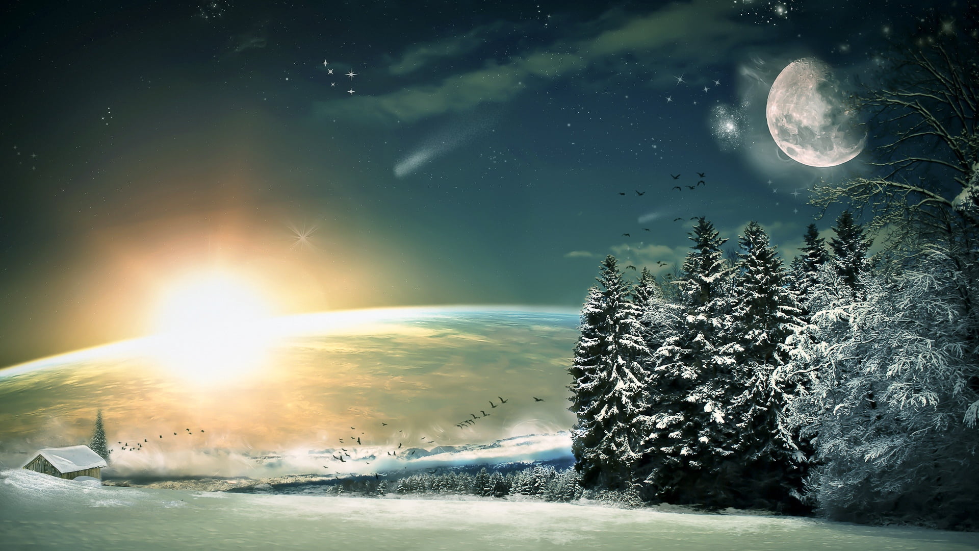 sun, dusk, scenics - nature, astronomy, wood, brightly lit, tranquility, blue, star - Space, moon, painting, black, nebula, science, night, earth, no people, HD Wallpaper