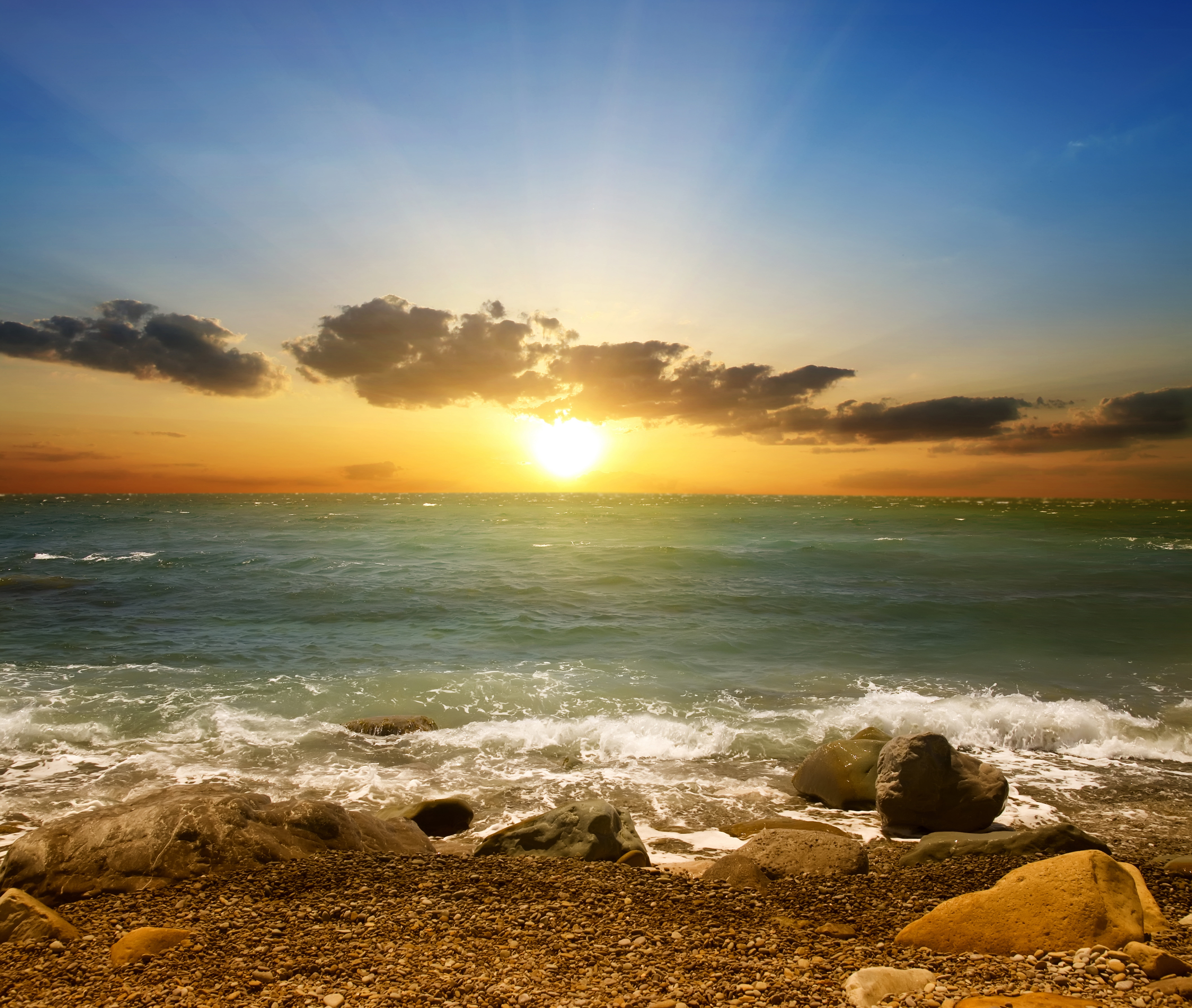 water, tranquility, dawn, wave, weather, sand, cloudscape, the sky, sunset, sky, land, rock, no People, shore, yellow, Beautiful sunset scene, tropical Climate, HD Wallpaper