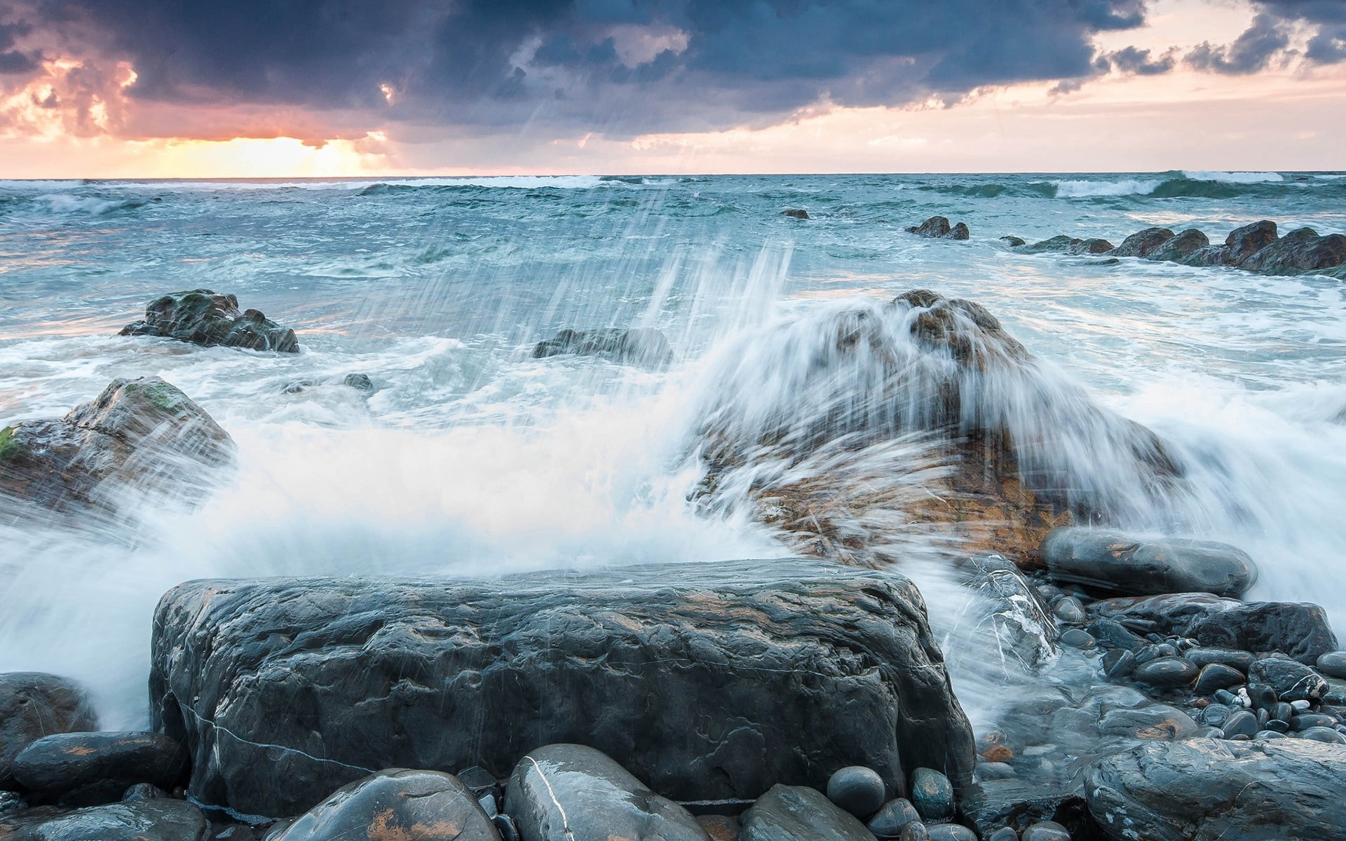dawn, land, rock - Object, seascape, idyllic, sun, stone - Object, blue, scenics - nature, power in nature, morning, surf, stones, rock, day, storm, beach, HD Wallpaper