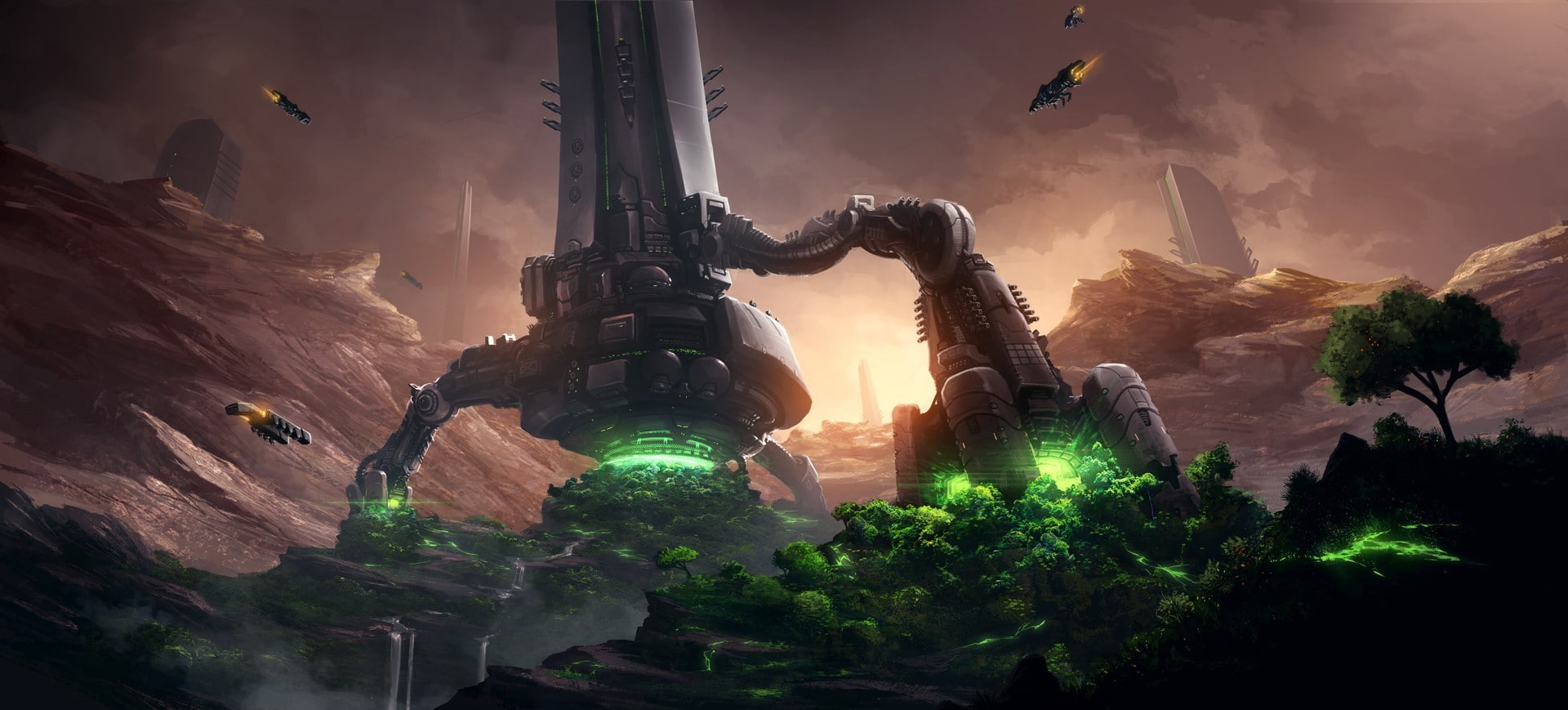 city, night, art and craft, sky, sculpture, cloud - sky, plant, built structure, architecture, beauty in nature, sunset, nature video games space fantasy art landing landscape endless legend, HD Wallpaper