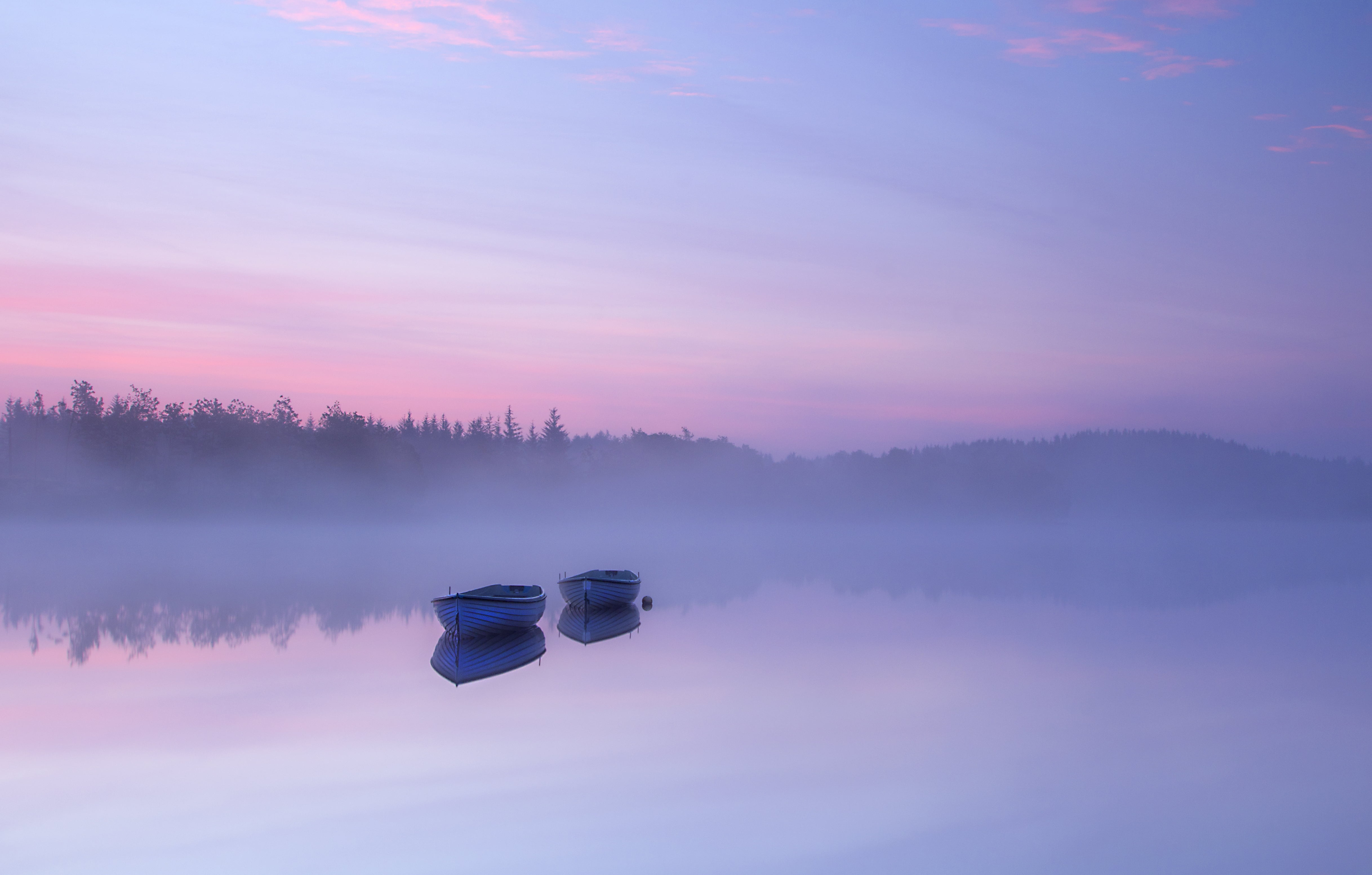 Trossachs, Simples, body, Scotland, purple, Loch Rusky, photo, body of water, jon, blue, outdoors, lake, Dawn, 4K, two, jon boat, nature, surrounded, fogs, HD Wallpaper