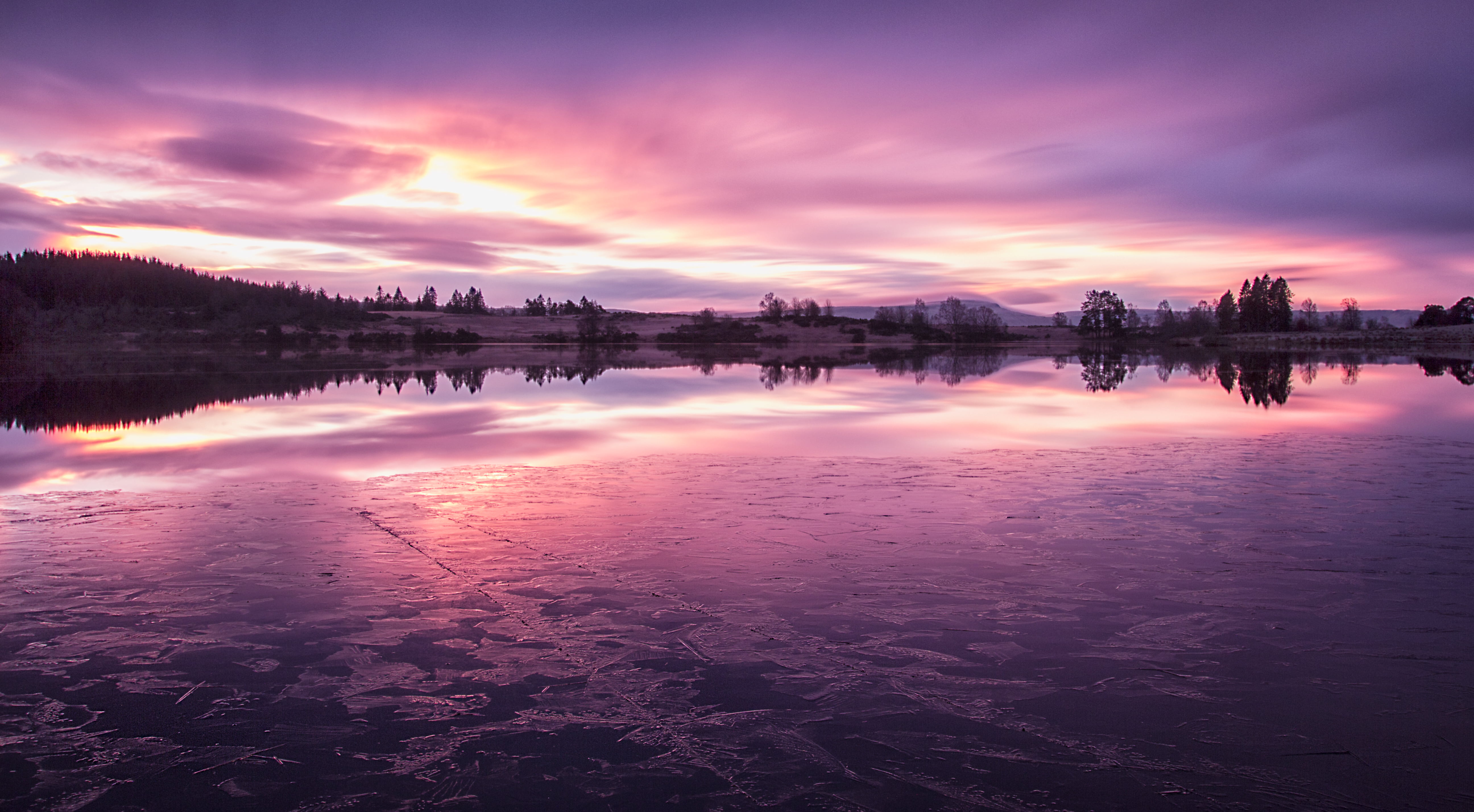scenics, lake, nature, calm, Trossachs, outdoors, sunset, 5K, Scotland, dawn, Pink, summer, sky, Loch Rusky, water, forest, near, reflection, landscape, HD Wallpaper