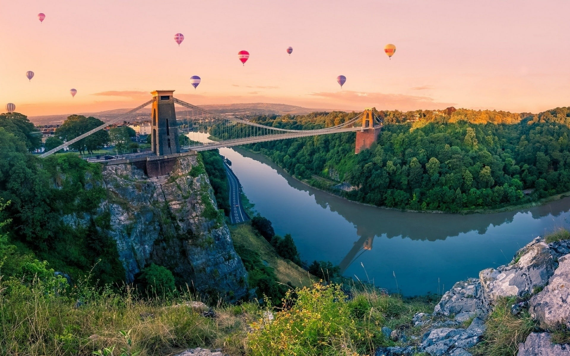 mountains, forest, hot air balloons, water, 1080P, HD Wallpaper