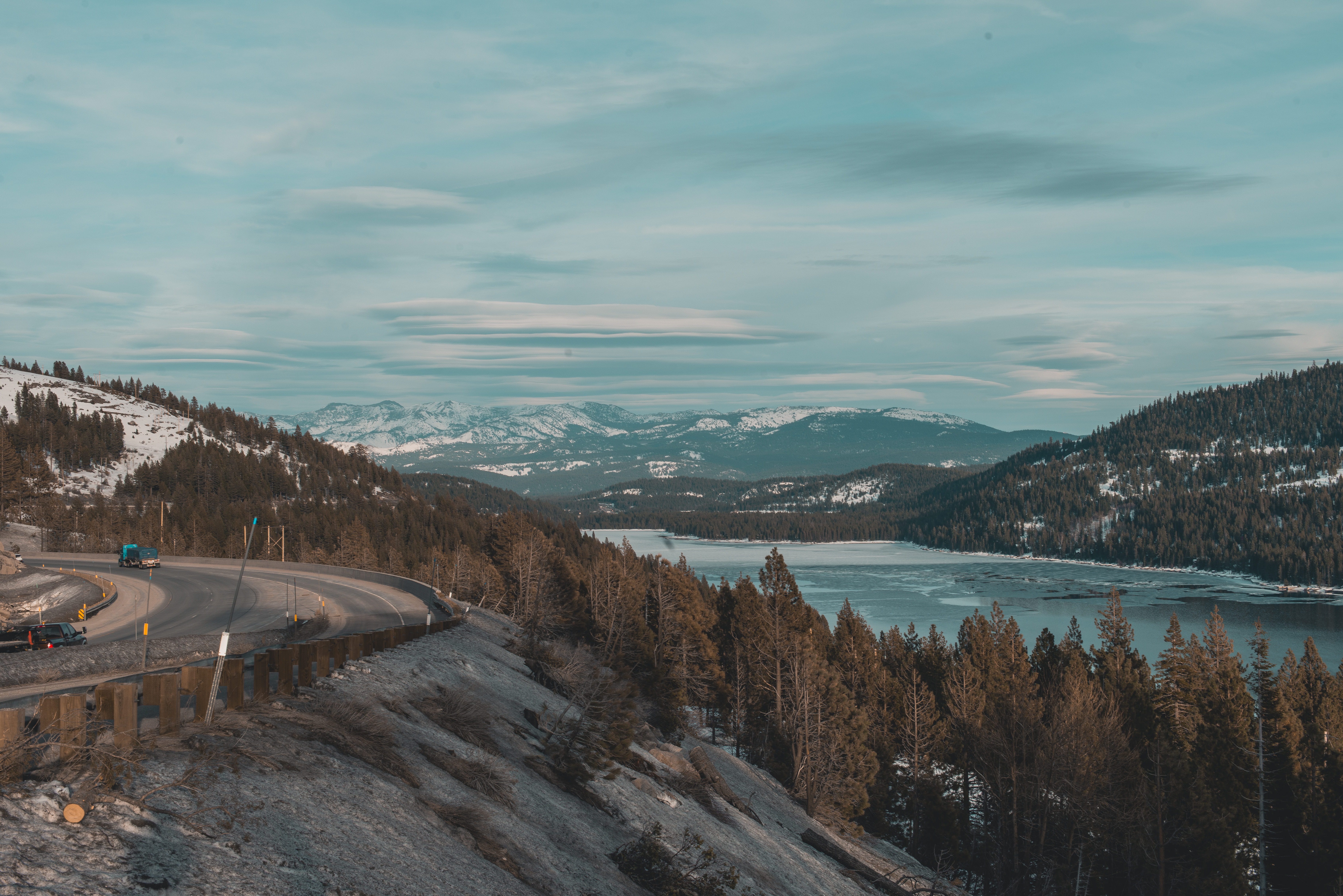 5K, tree, outdoors, mountain, blue, mountains, beauty in nature, steep, tranquil scene, snow, landscape, sky, trees, nevada, donner lake, cloud - sky, HD Wallpaper