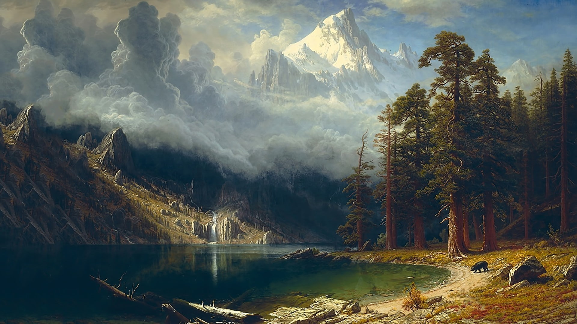 forest, Sierra Nevada, nature, clouds, Snowy Peak, bears, USA, landscape, Stone, Trees, artwork, painting, Albert Bierstadt, Dead Trees, mountains, 1080P, HD Wallpaper
